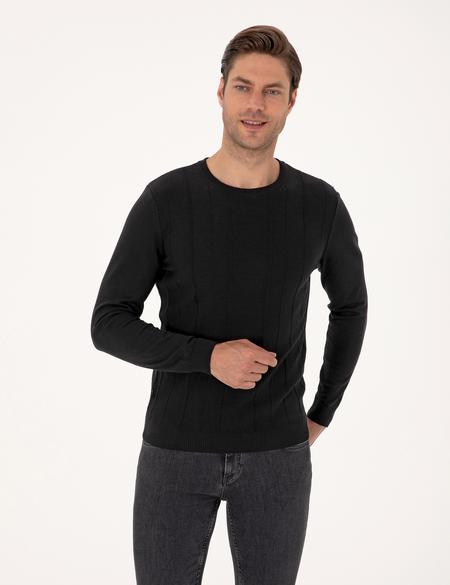 Siyah Slim Fit Bisiklet Yaka Triko Kazak - 50315584047