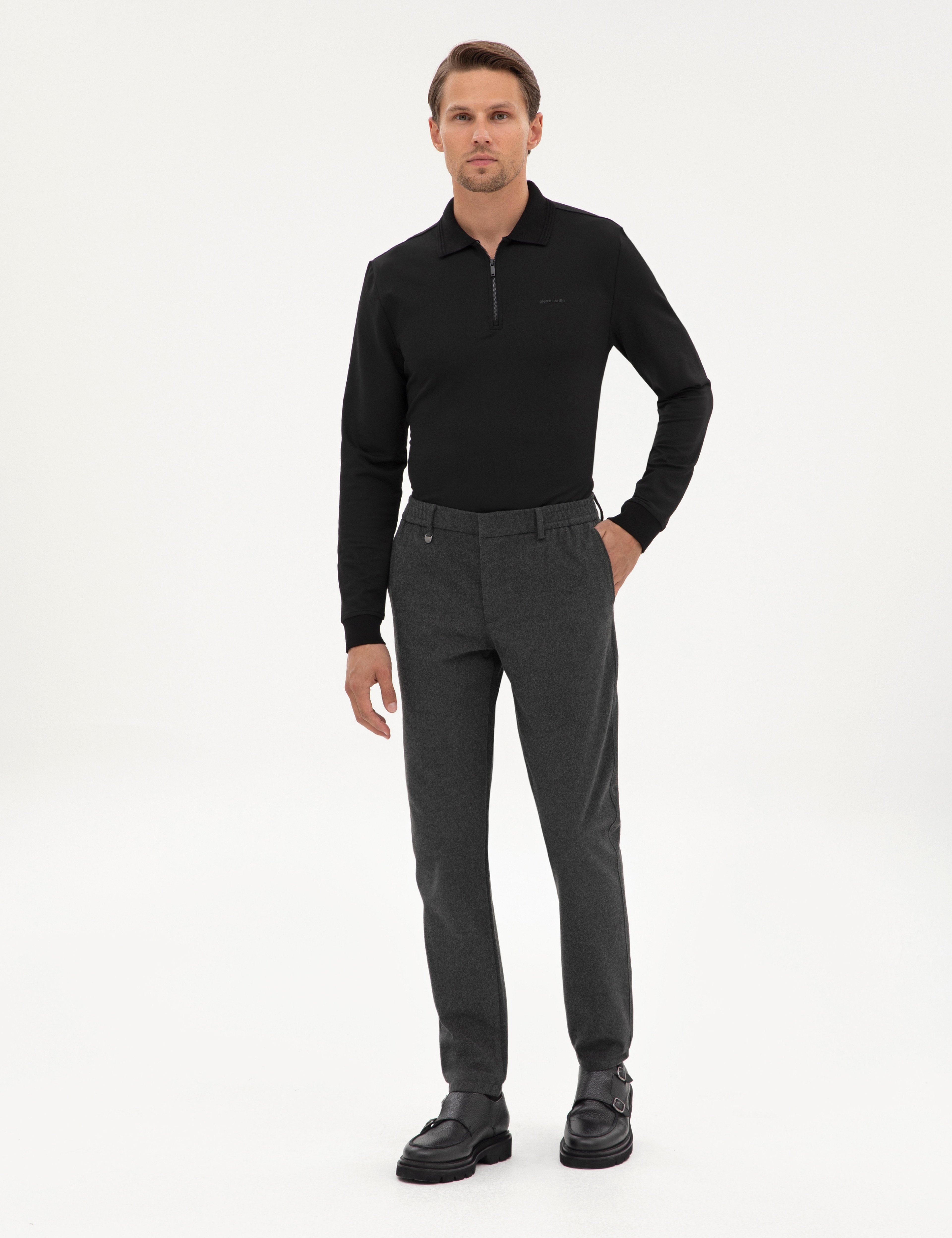 Antrasit Slim Fit Flanel Dokulu Kumaş Pantolon - Image 1