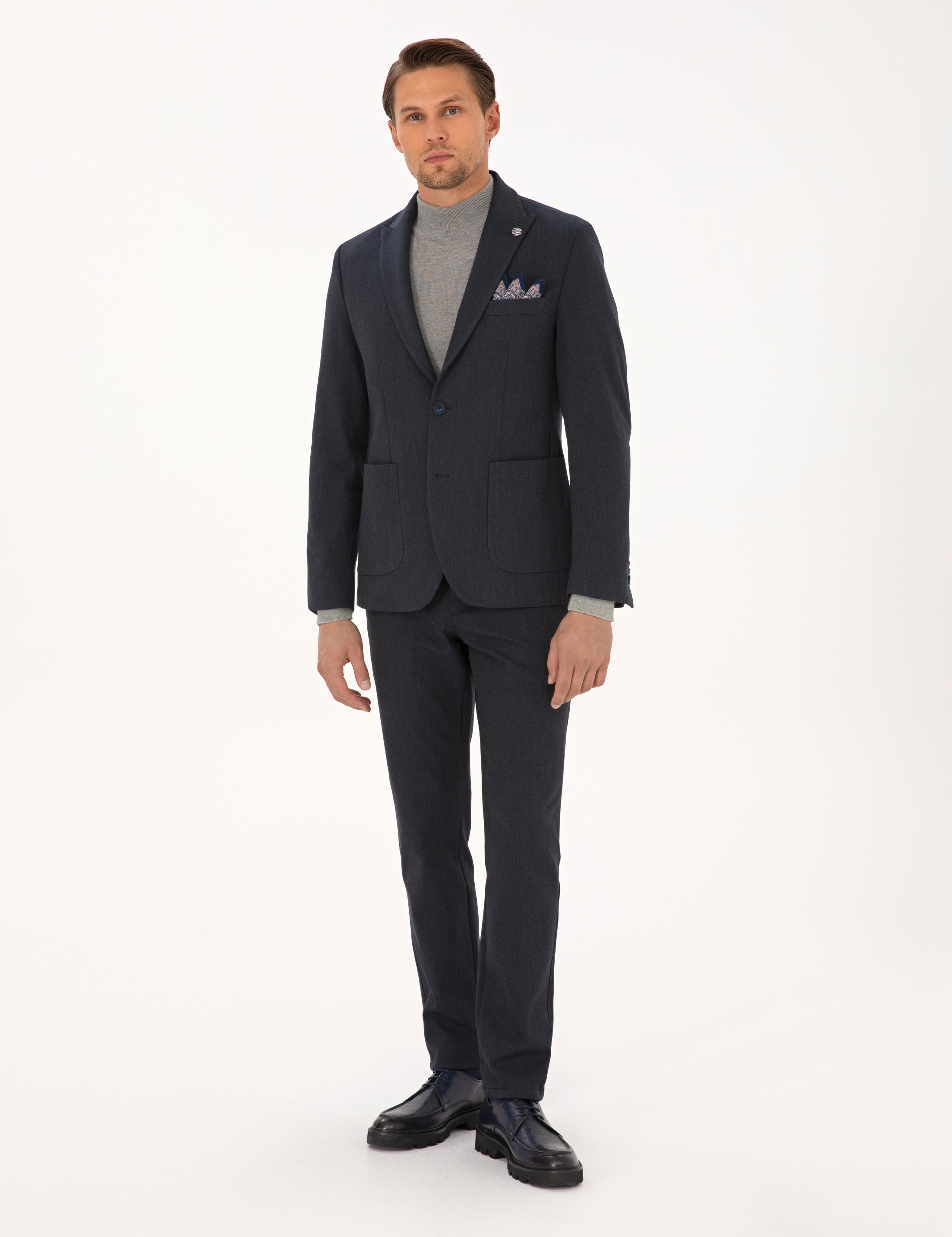 Lacivert Slim Fit Flanel Dokulu Kumaş Pantolon