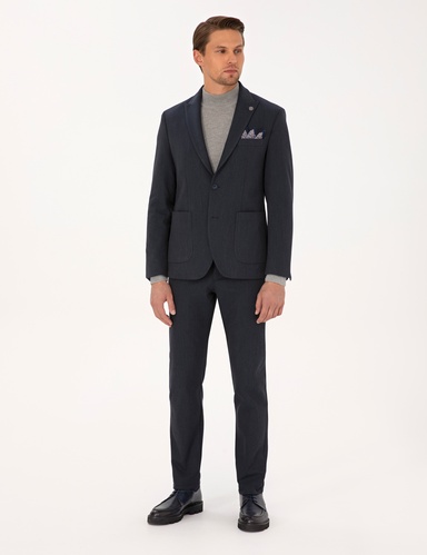 Lacivert Slim Fit Flanel Dokulu Kumaş Pantolon