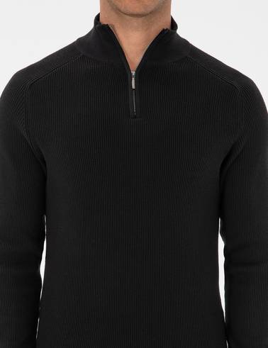 Siyah Slim Fit Dik Yaka Fermuarlı Triko Kazak