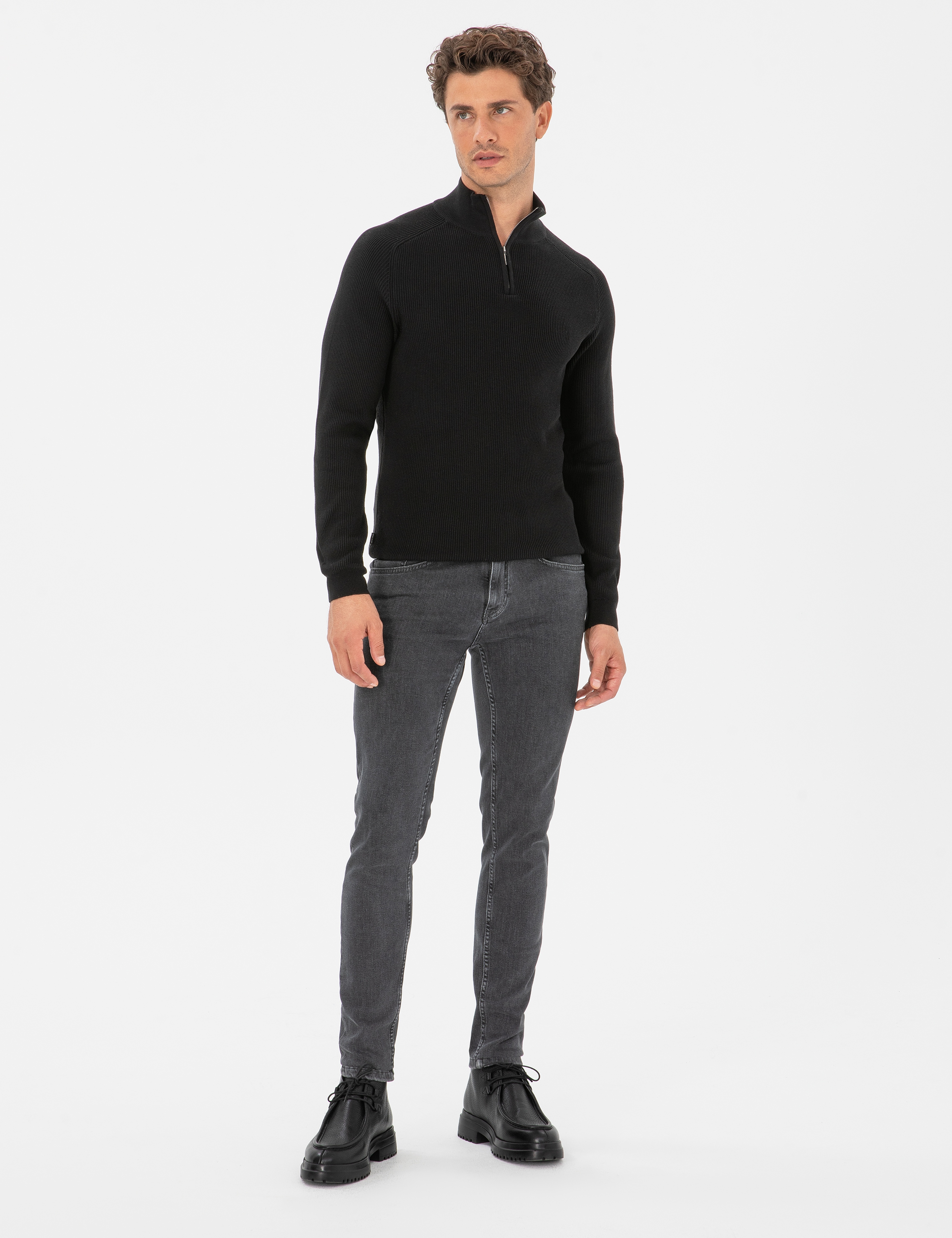 Siyah Slim Fit Dik Yaka Fermuarlı Triko Kazak - Image 4