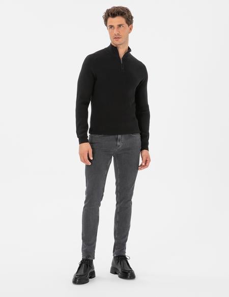 Siyah Slim Fit Dik Yaka Fermuarlı Triko Kazak - 50315732026