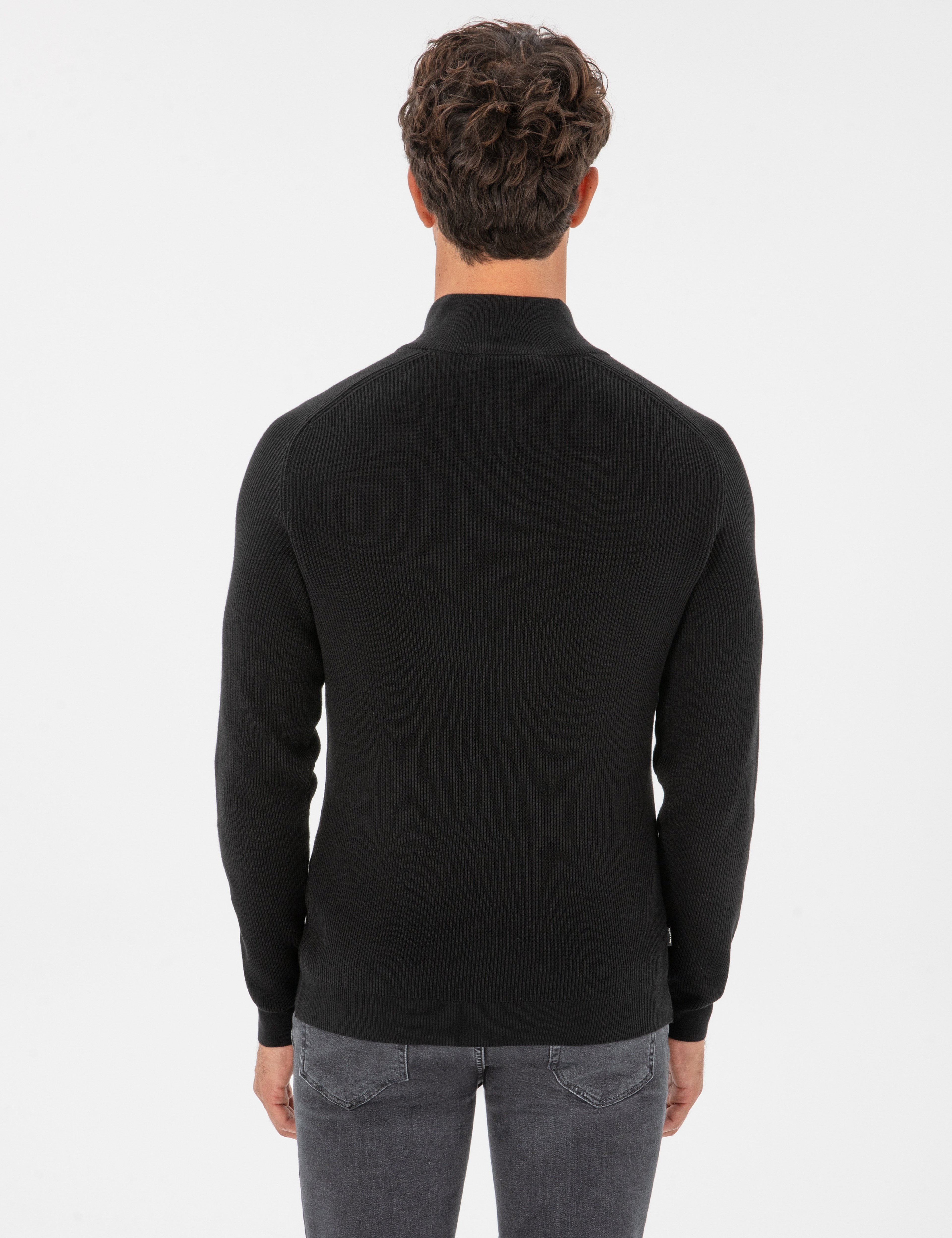 Siyah Slim Fit Dik Yaka Fermuarlı Triko Kazak - Image 5