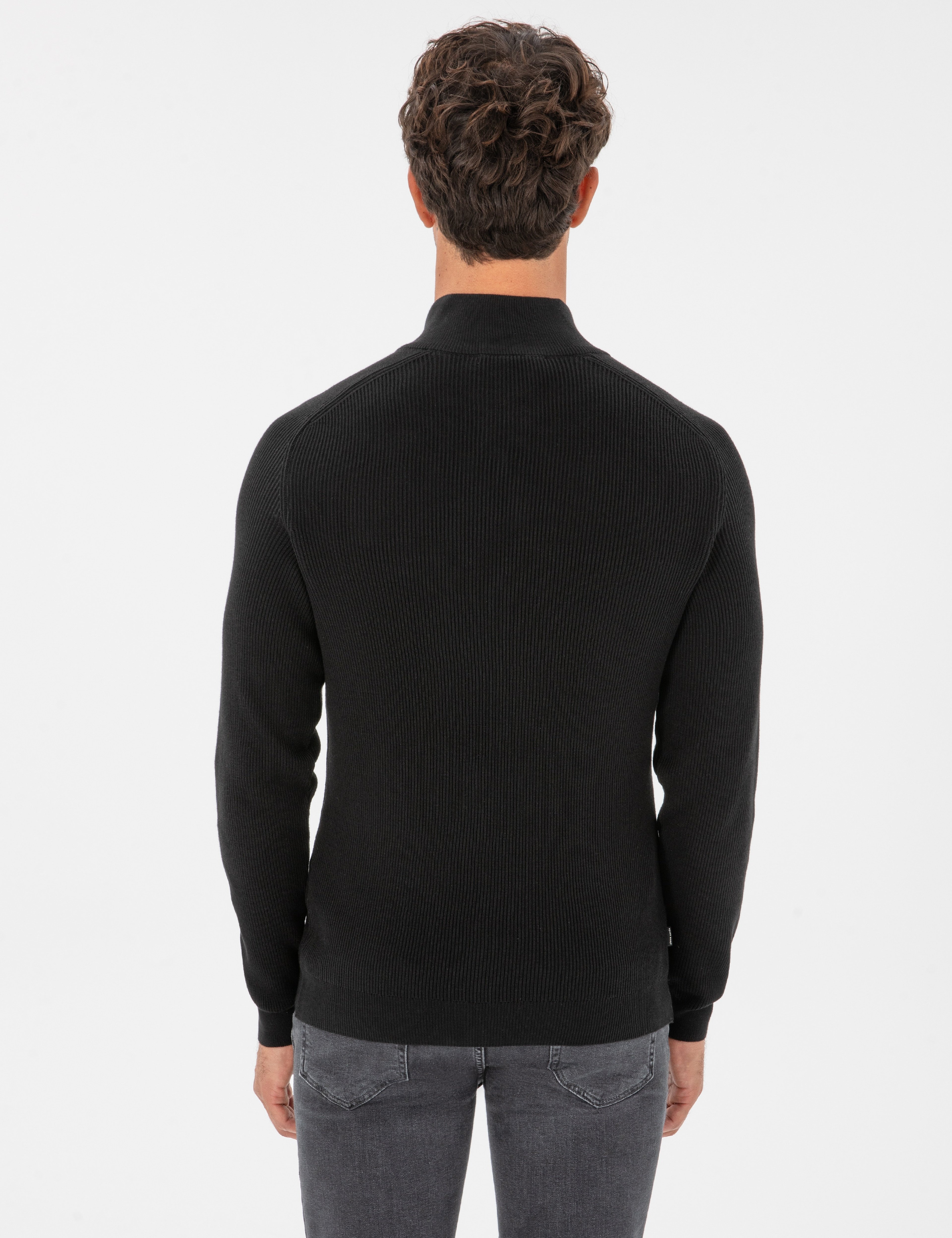Siyah Slim Fit Dik Yaka Fermuarlı Triko Kazak