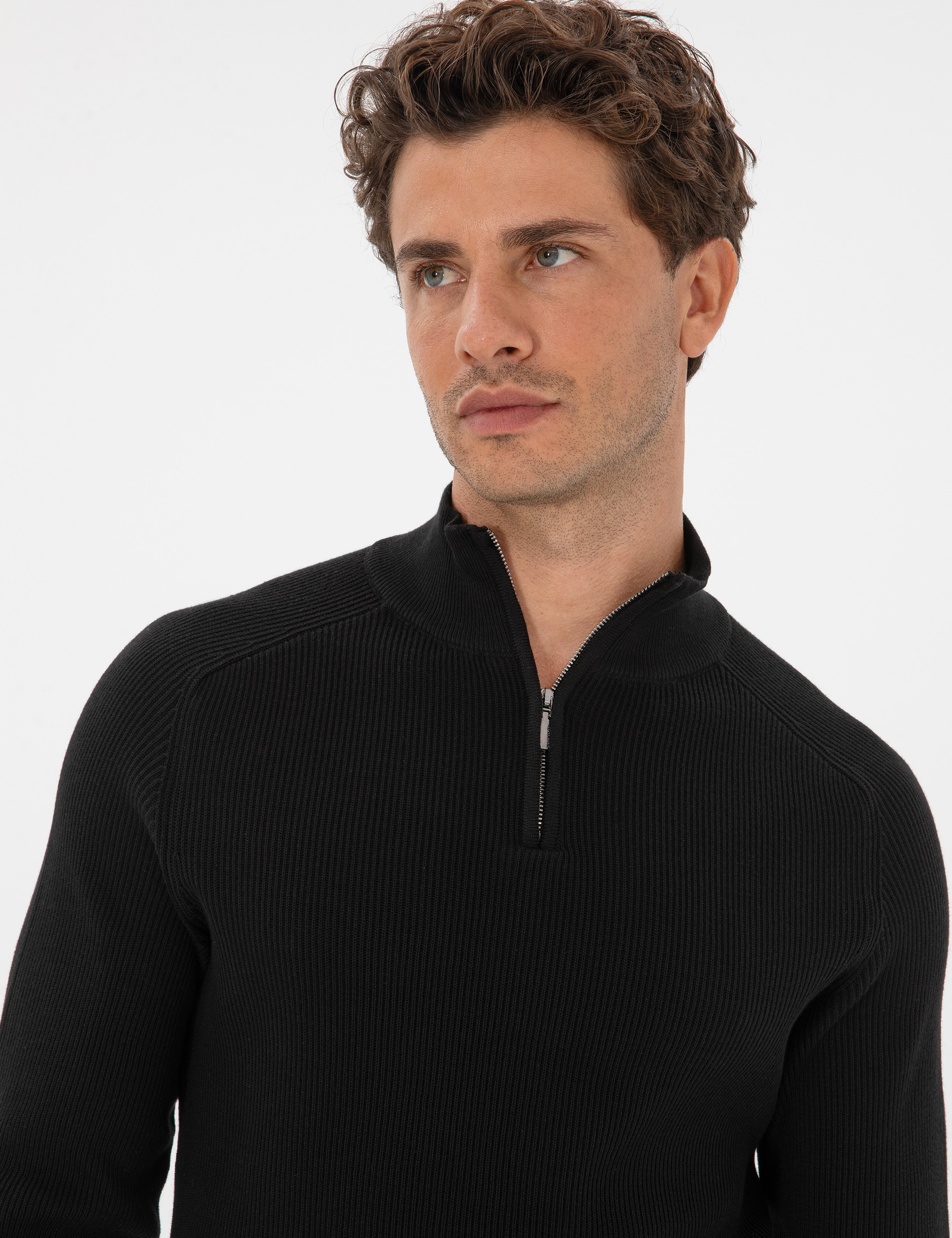Siyah Slim Fit Dik Yaka Fermuarlı Triko Kazak - Image 2