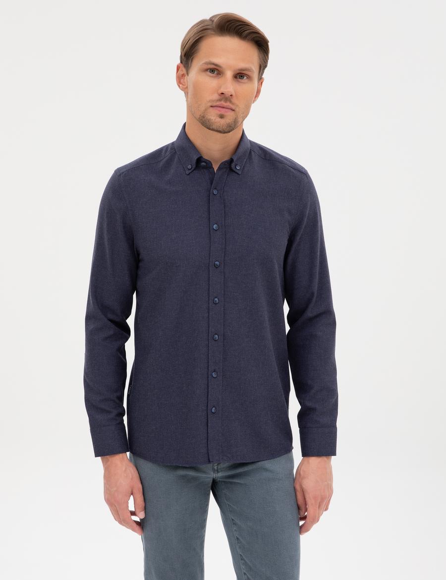 Lacivert Flanel Dokulu Slim Fit Uzun Kollu Gömlek