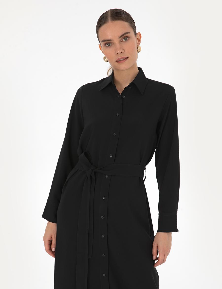 Siyah Comfort Fit Dokuma Elbise