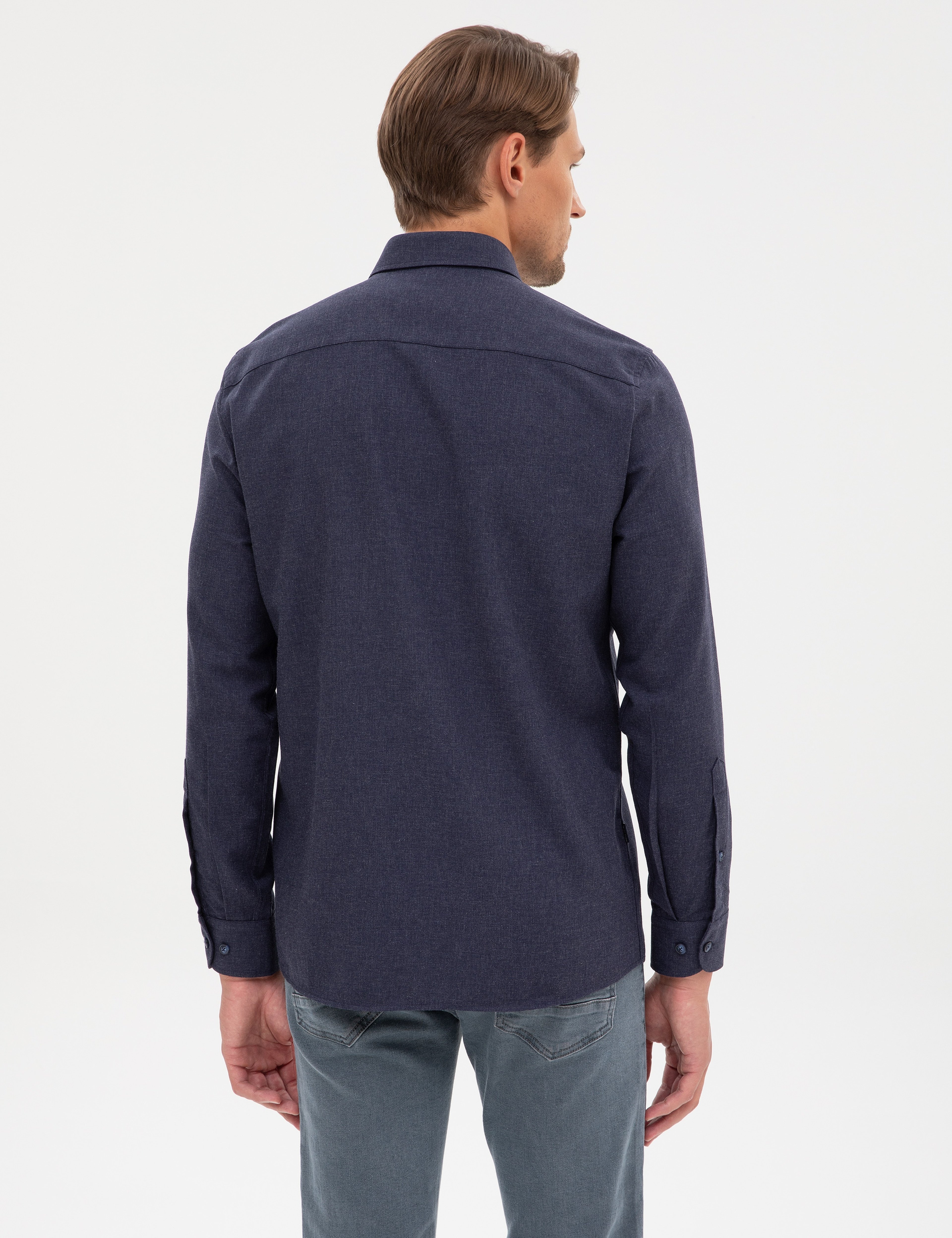 Lacivert Flanel Dokulu Slim Fit Uzun Kollu Gömlek