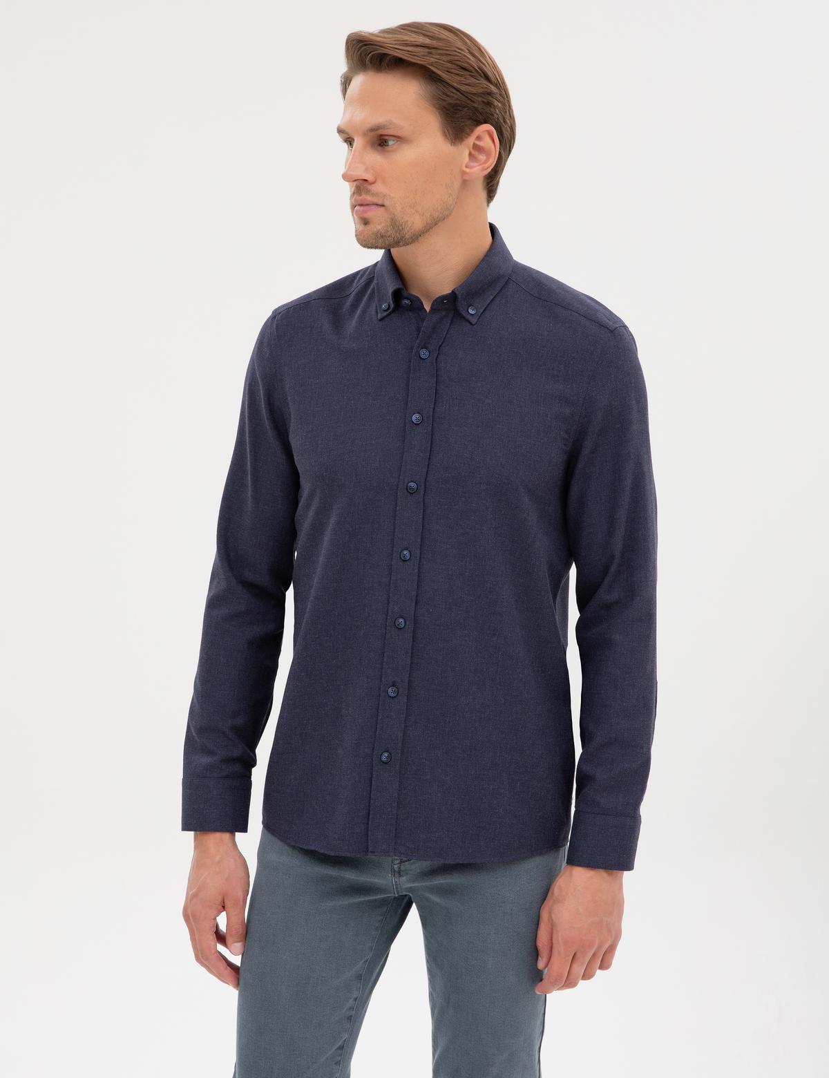 Lacivert Flanel Dokulu Slim Fit Uzun Kollu Gömlek - 50316751023