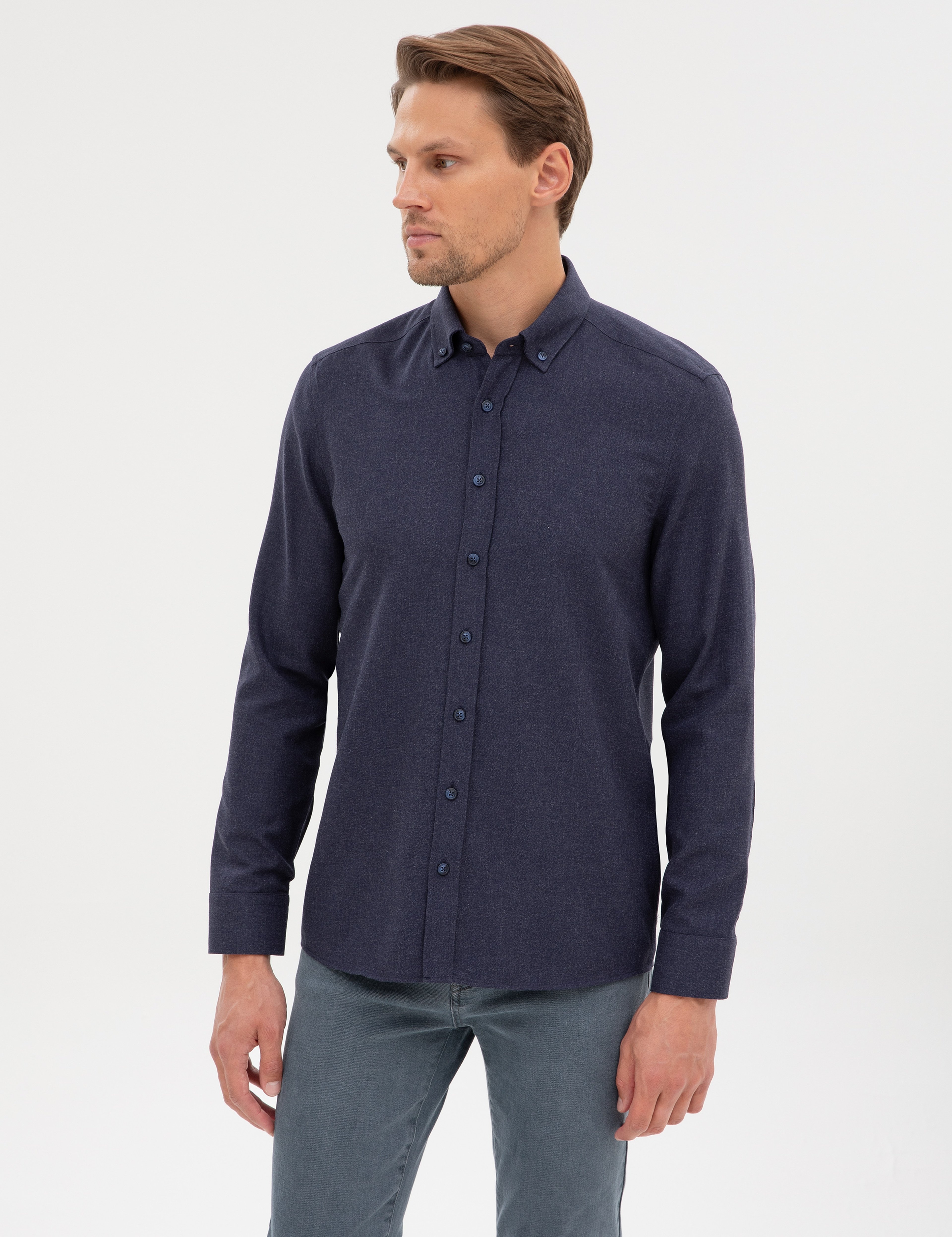 Lacivert Flanel Dokulu Slim Fit Uzun Kollu Gömlek