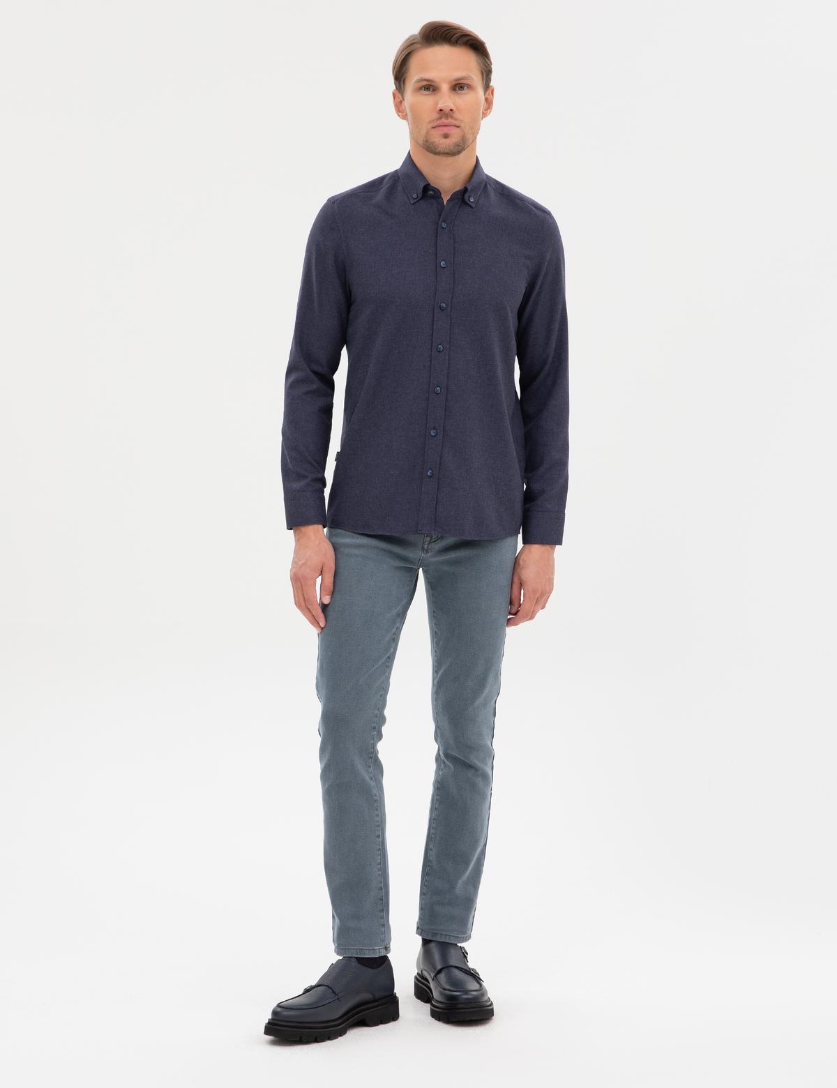 Lacivert Flanel Dokulu Slim Fit Uzun Kollu Gömlek - 50316751023