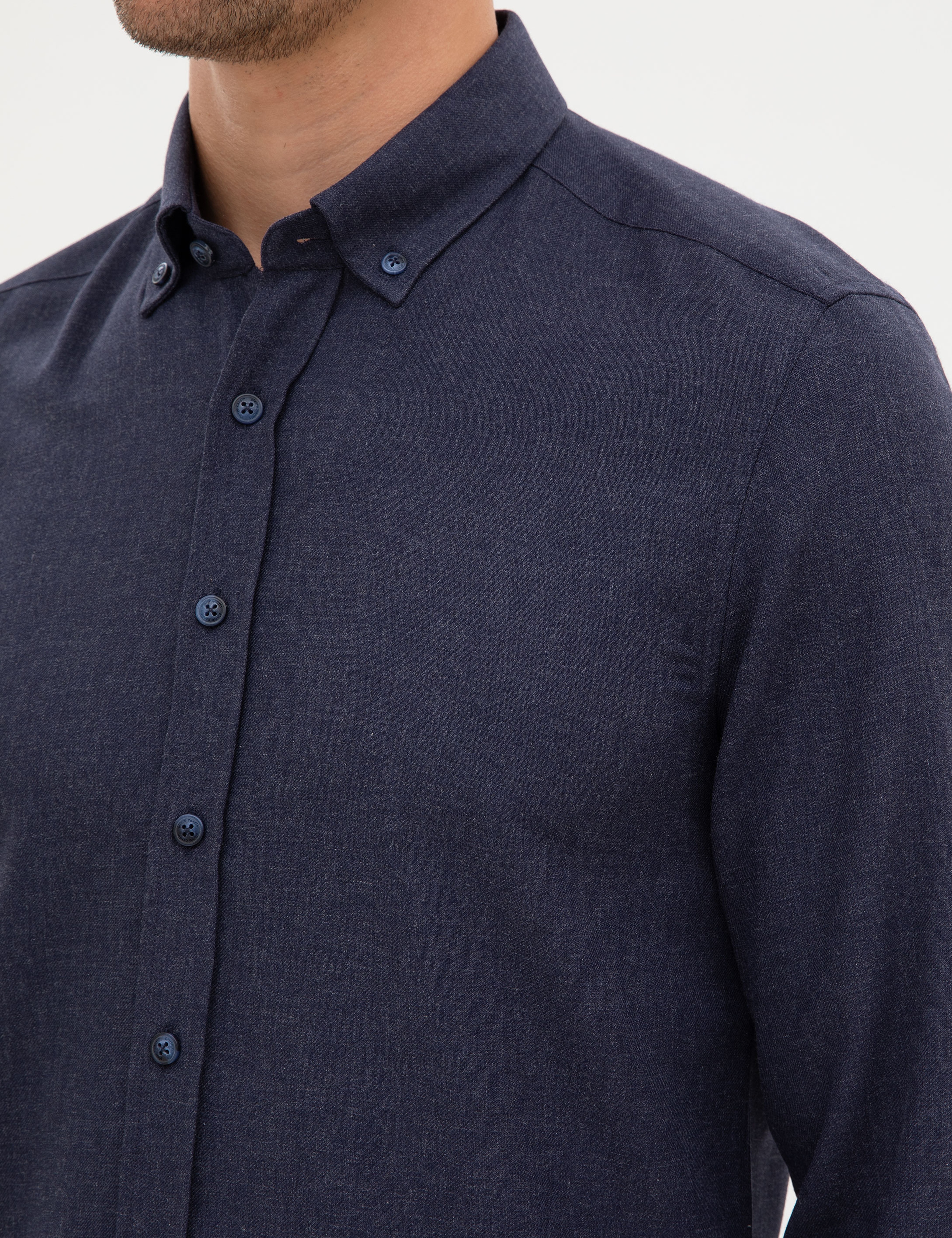 Lacivert Flanel Dokulu Slim Fit Uzun Kollu Gömlek - Image 7