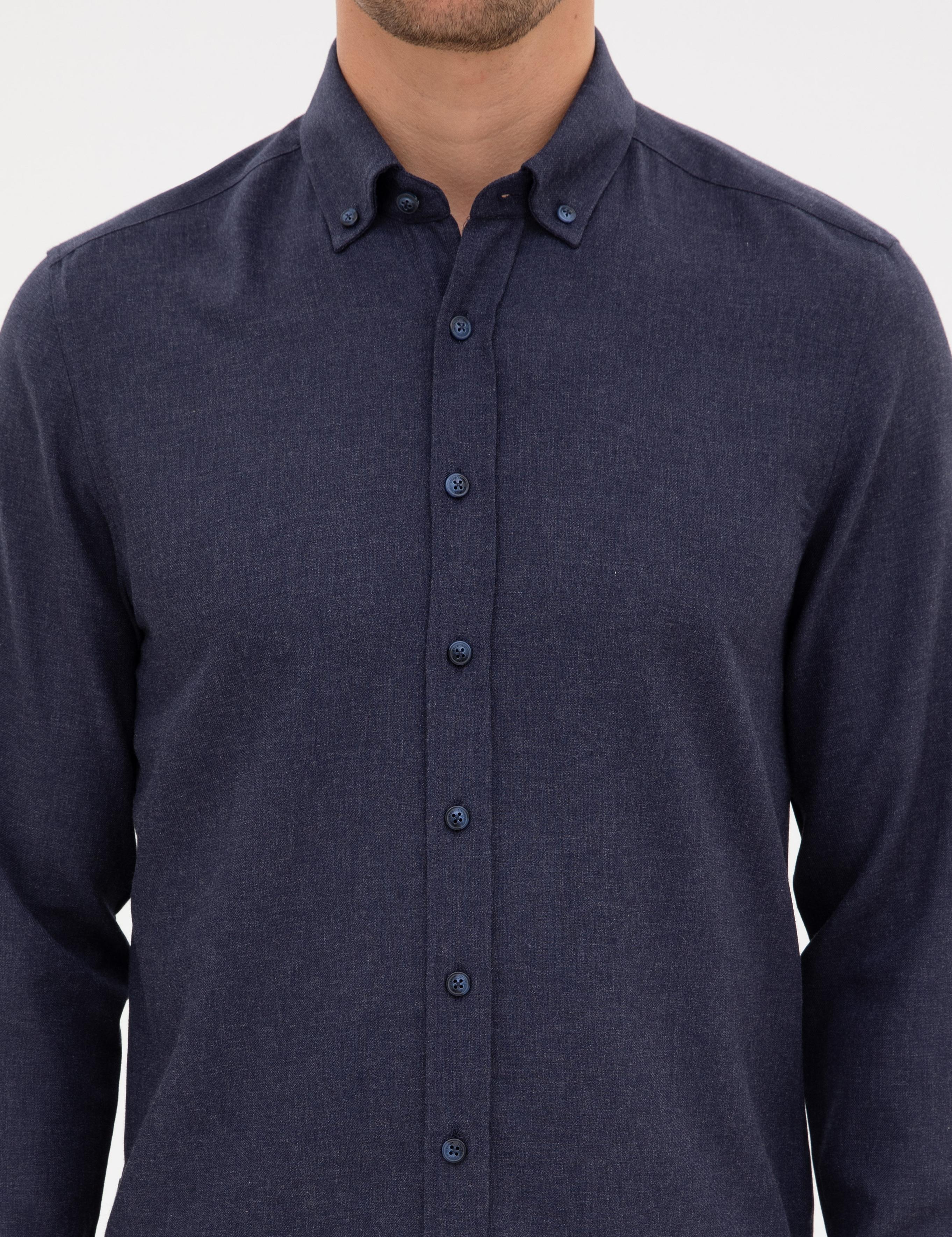 Lacivert Flanel Dokulu Slim Fit Uzun Kollu Gömlek