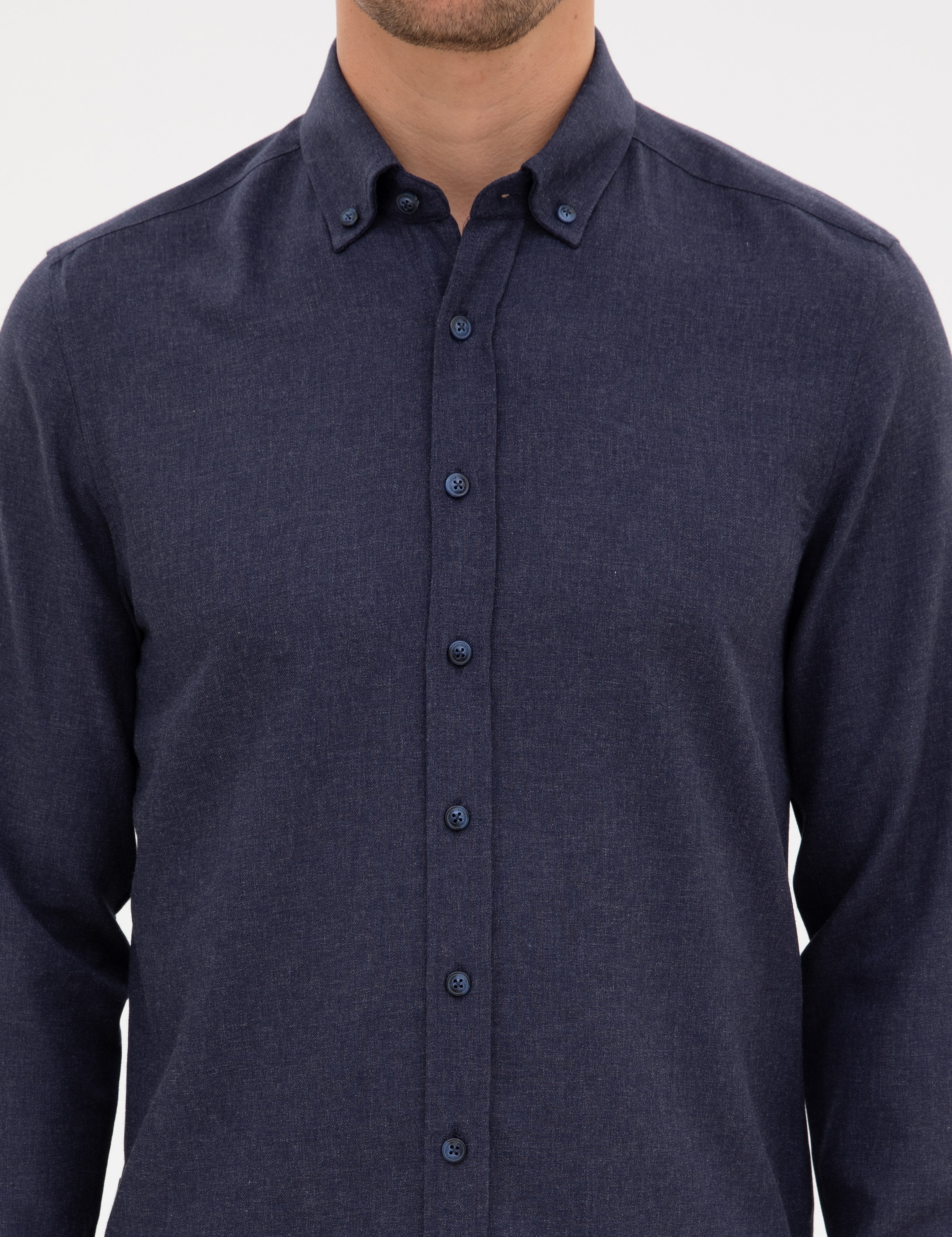 Lacivert Flanel Dokulu Slim Fit Uzun Kollu Gömlek - Image 6