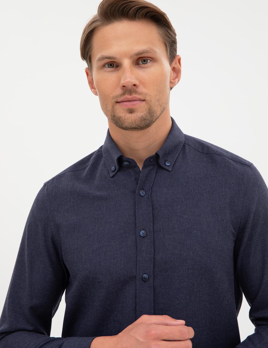 Lacivert Flanel Dokulu Slim Fit Uzun Kollu Gömlek