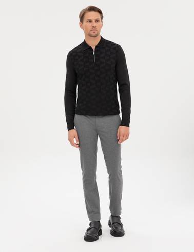 Siyah Slim Fit Polo Yaka Fermuarlı Triko Kazak