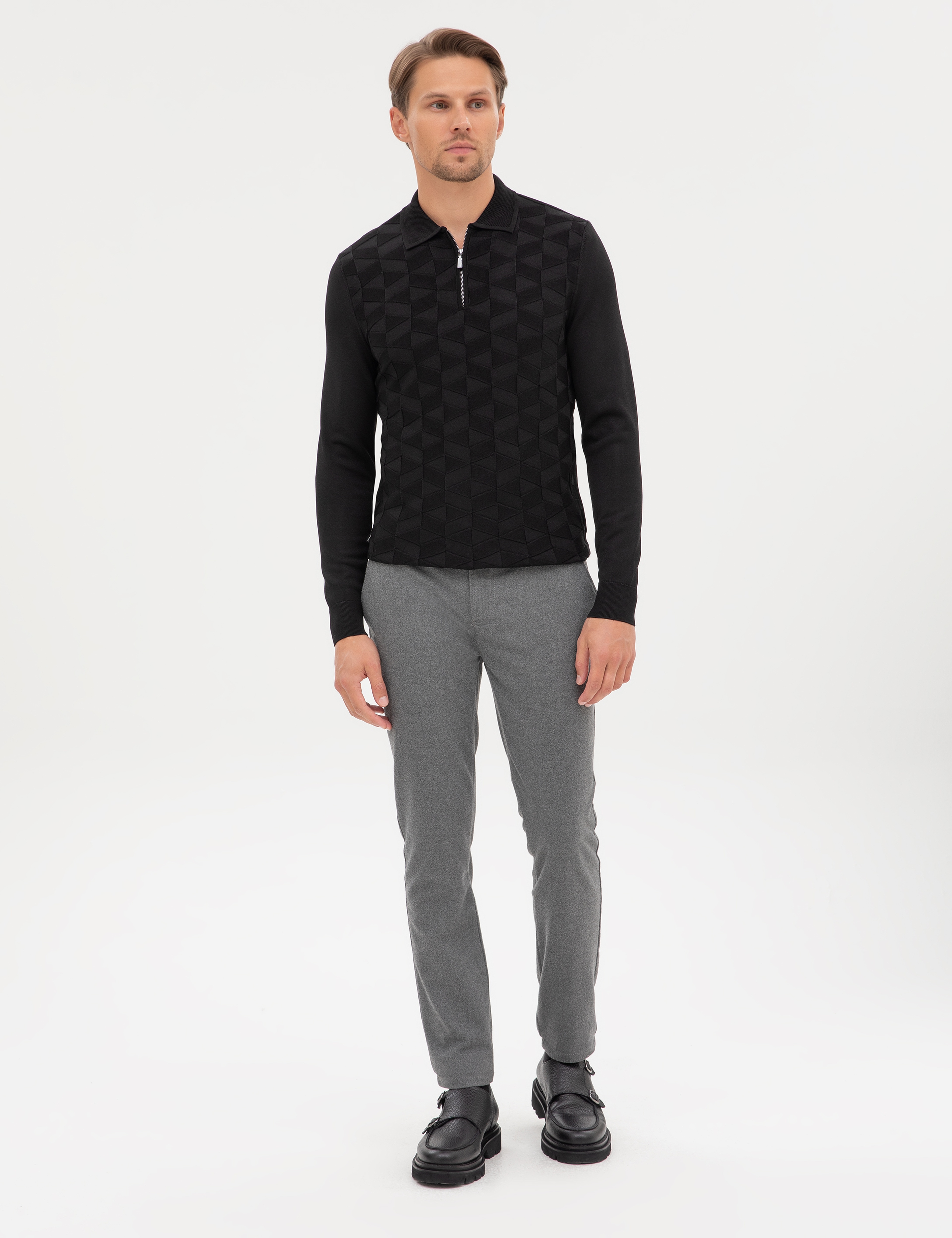 Siyah Slim Fit Polo Yaka Fermuarlı Triko Kazak - Image 4