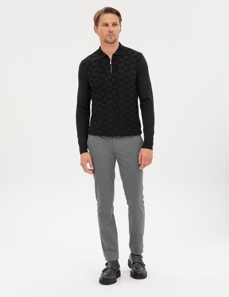 Siyah Slim Fit Polo Yaka Fermuarlı Triko Kazak - 50315688009