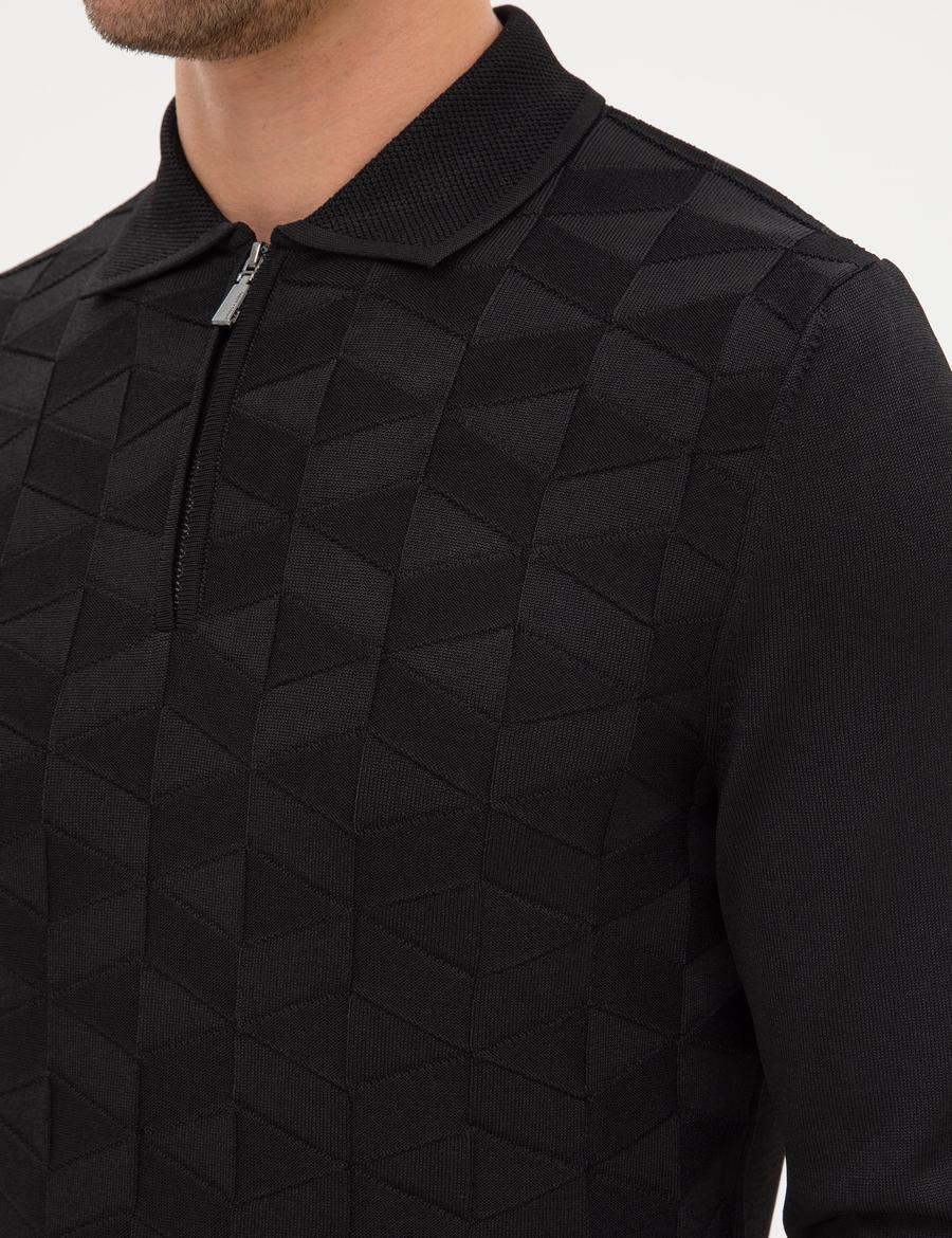 Siyah Slim Fit Polo Yaka Fermuarlı Triko Kazak