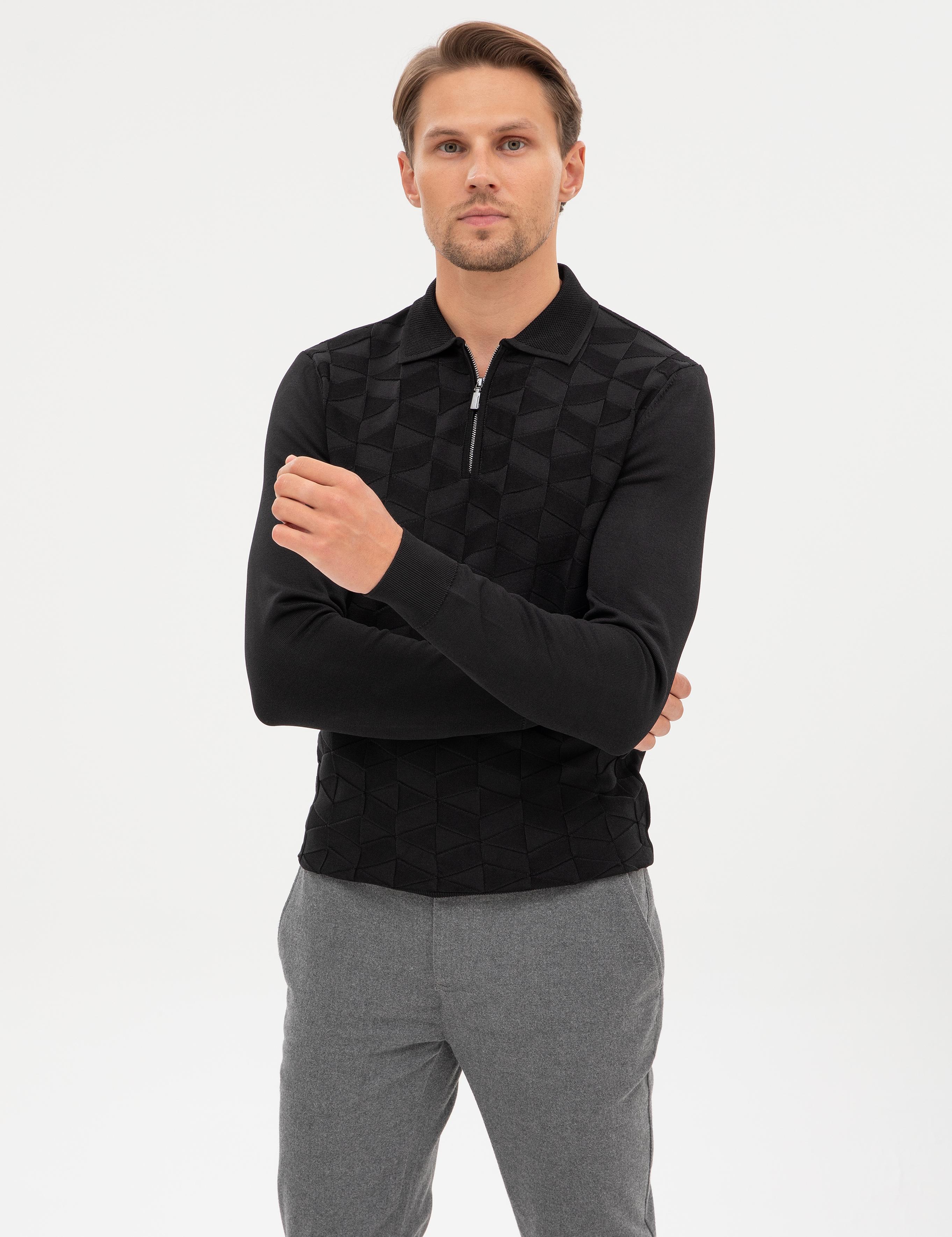 Siyah Slim Fit Polo Yaka Fermuarlı Triko Kazak