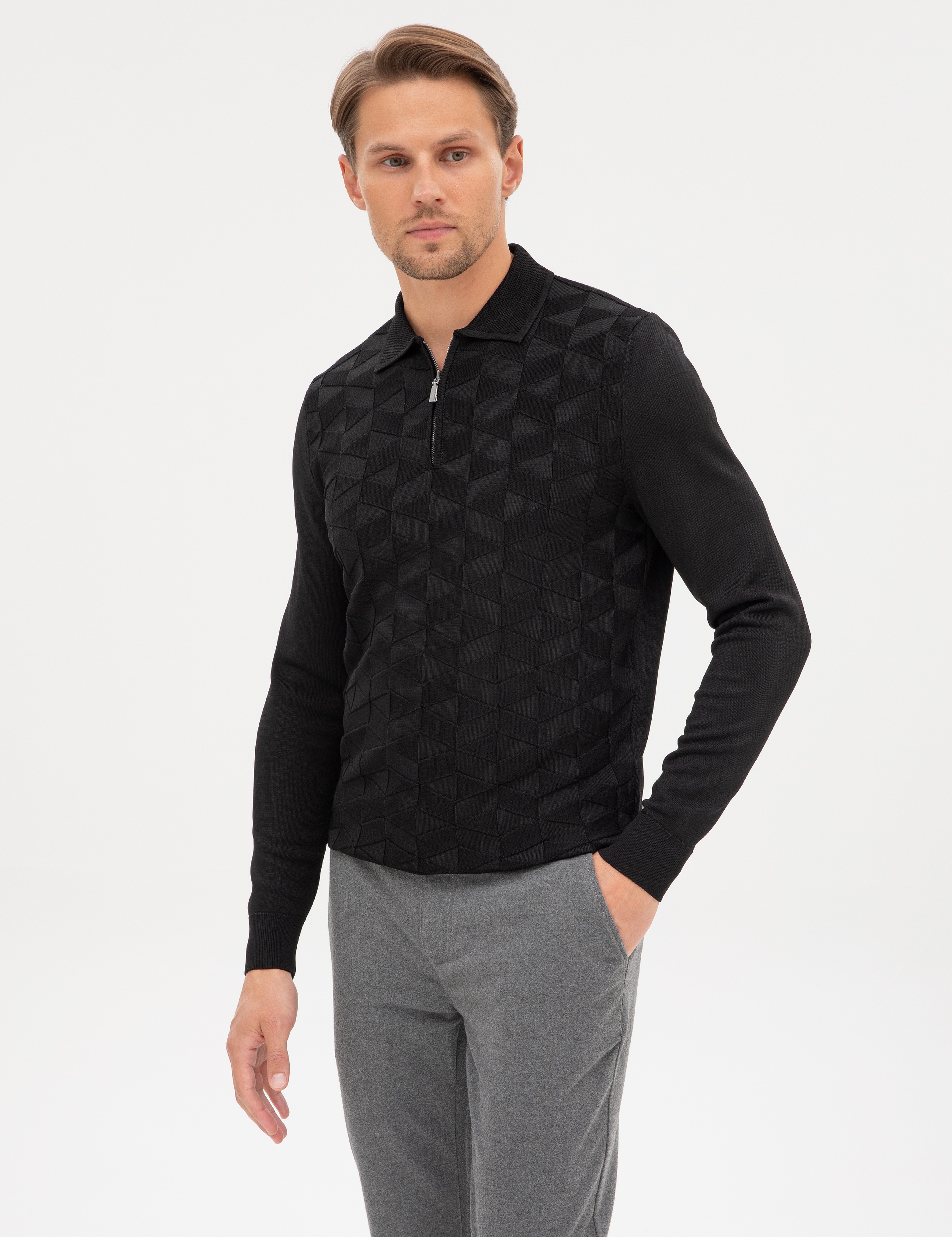 Siyah Slim Fit Polo Yaka Fermuarlı Triko Kazak - Image 1