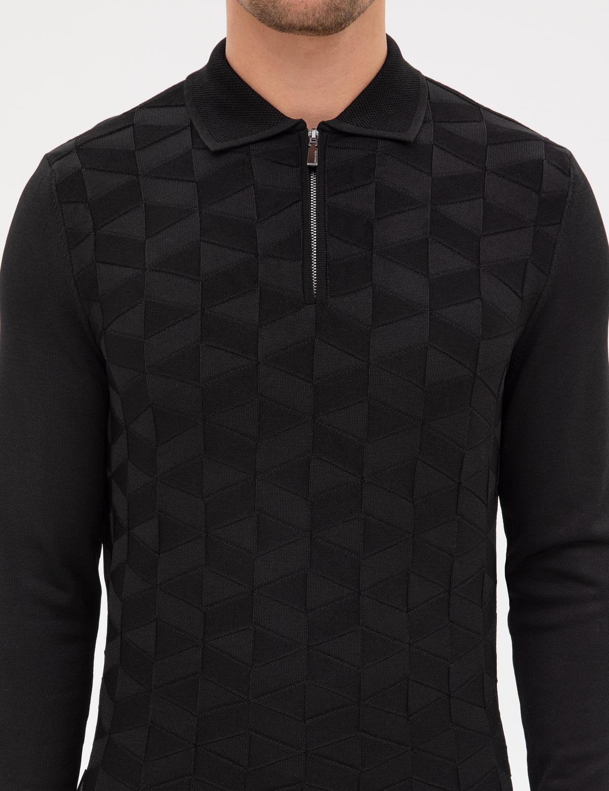 Siyah Slim Fit Polo Yaka Fermuarlı Triko Kazak - 50315688009