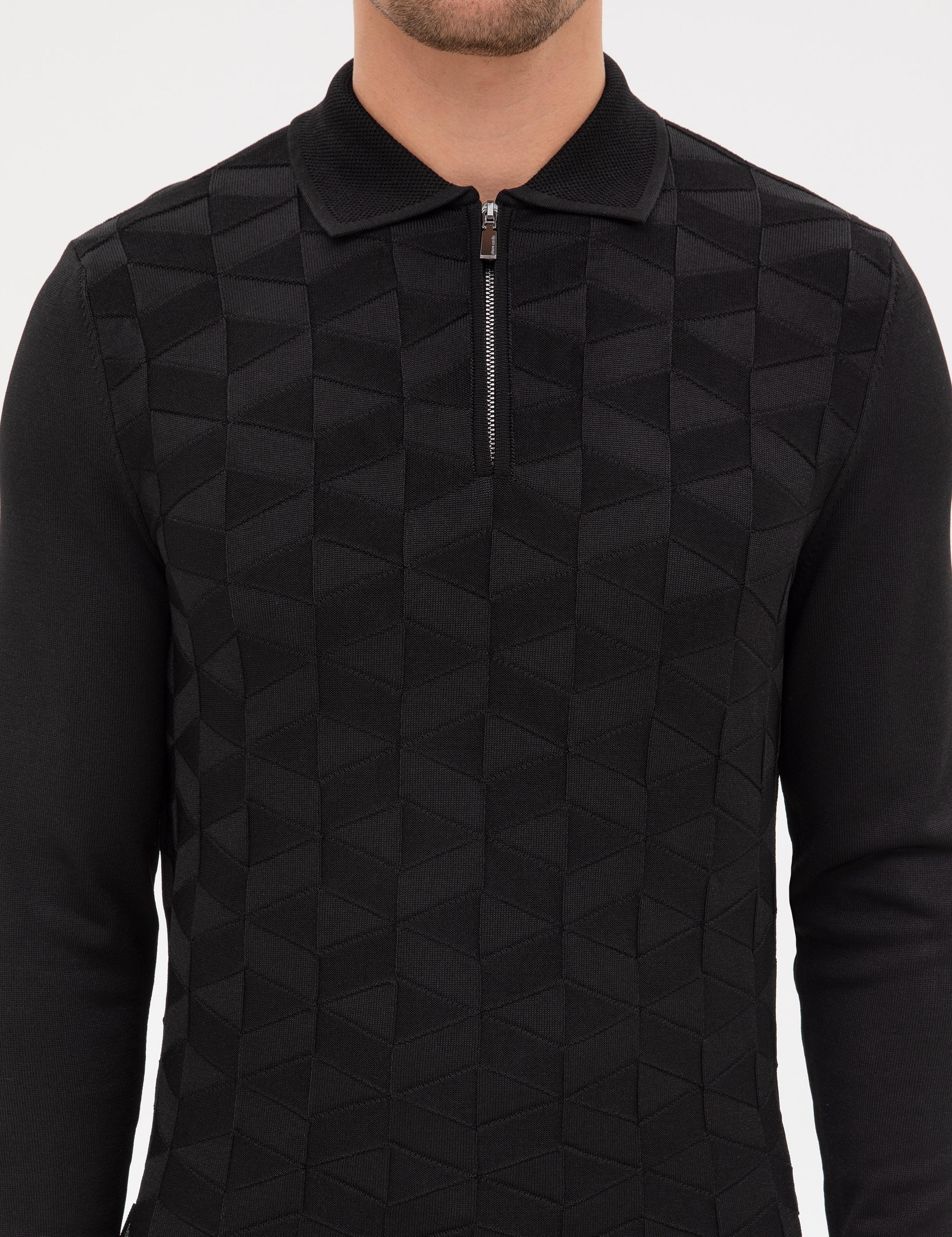 Siyah Slim Fit Polo Yaka Fermuarlı Triko Kazak