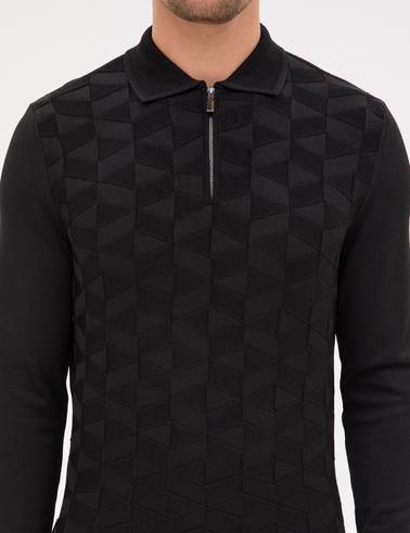 Siyah Slim Fit Polo Yaka Fermuarlı Triko Kazak