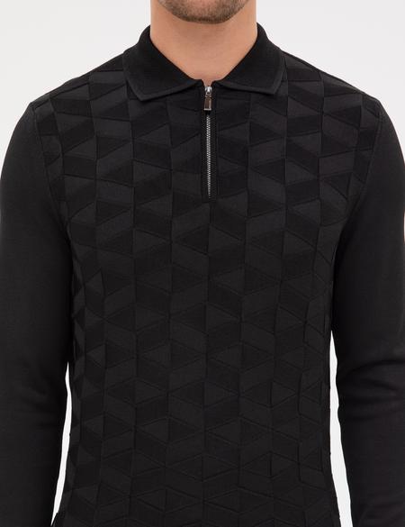 Siyah Slim Fit Polo Yaka Fermuarlı Triko Kazak - 50315688009