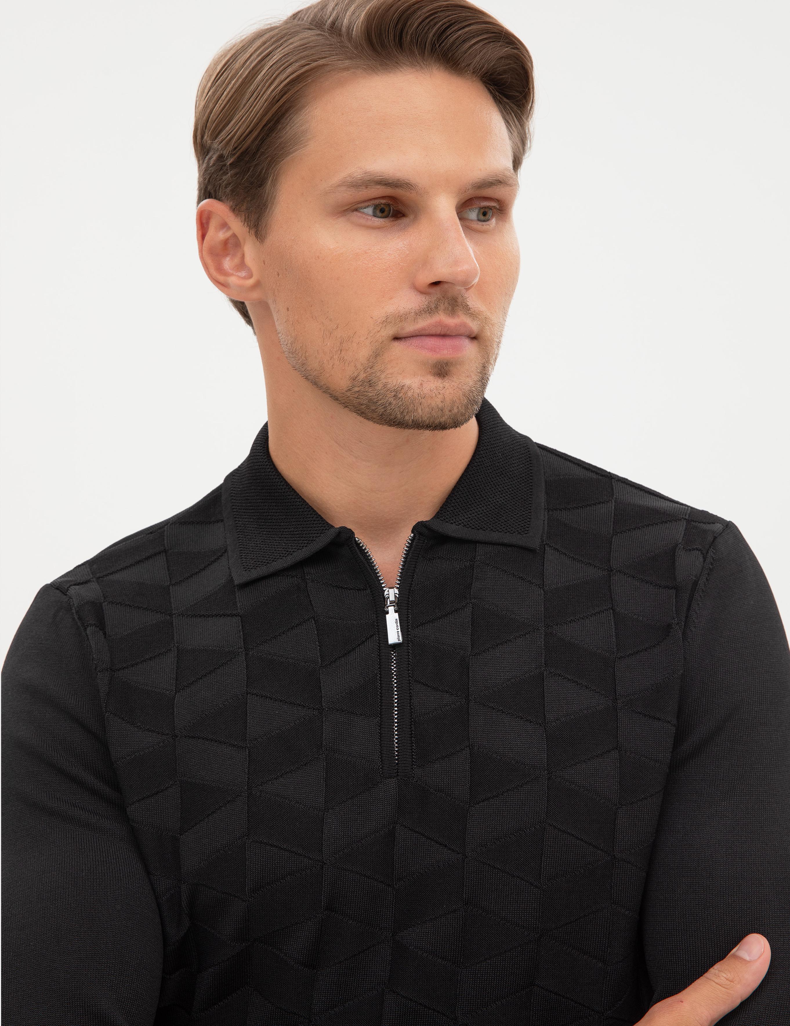 Siyah Slim Fit Polo Yaka Fermuarlı Triko Kazak