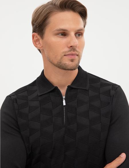 Siyah Slim Fit Polo Yaka Fermuarlı Triko Kazak - 50315688009