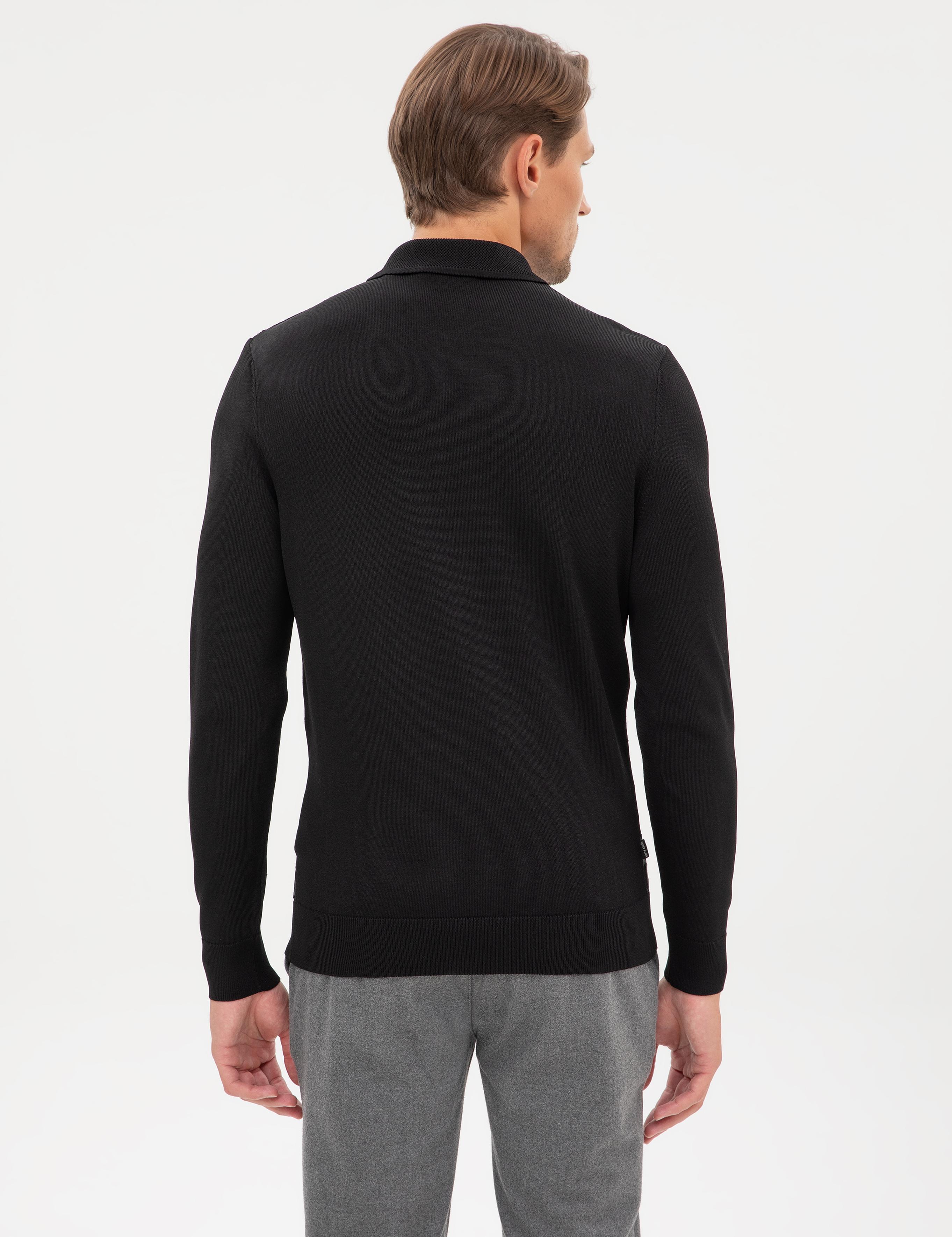 Siyah Slim Fit Polo Yaka Fermuarlı Triko Kazak