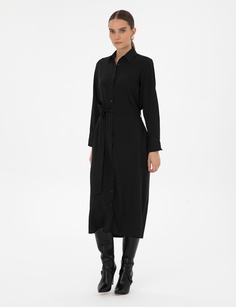 Siyah Comfort Fit Dokuma Elbise