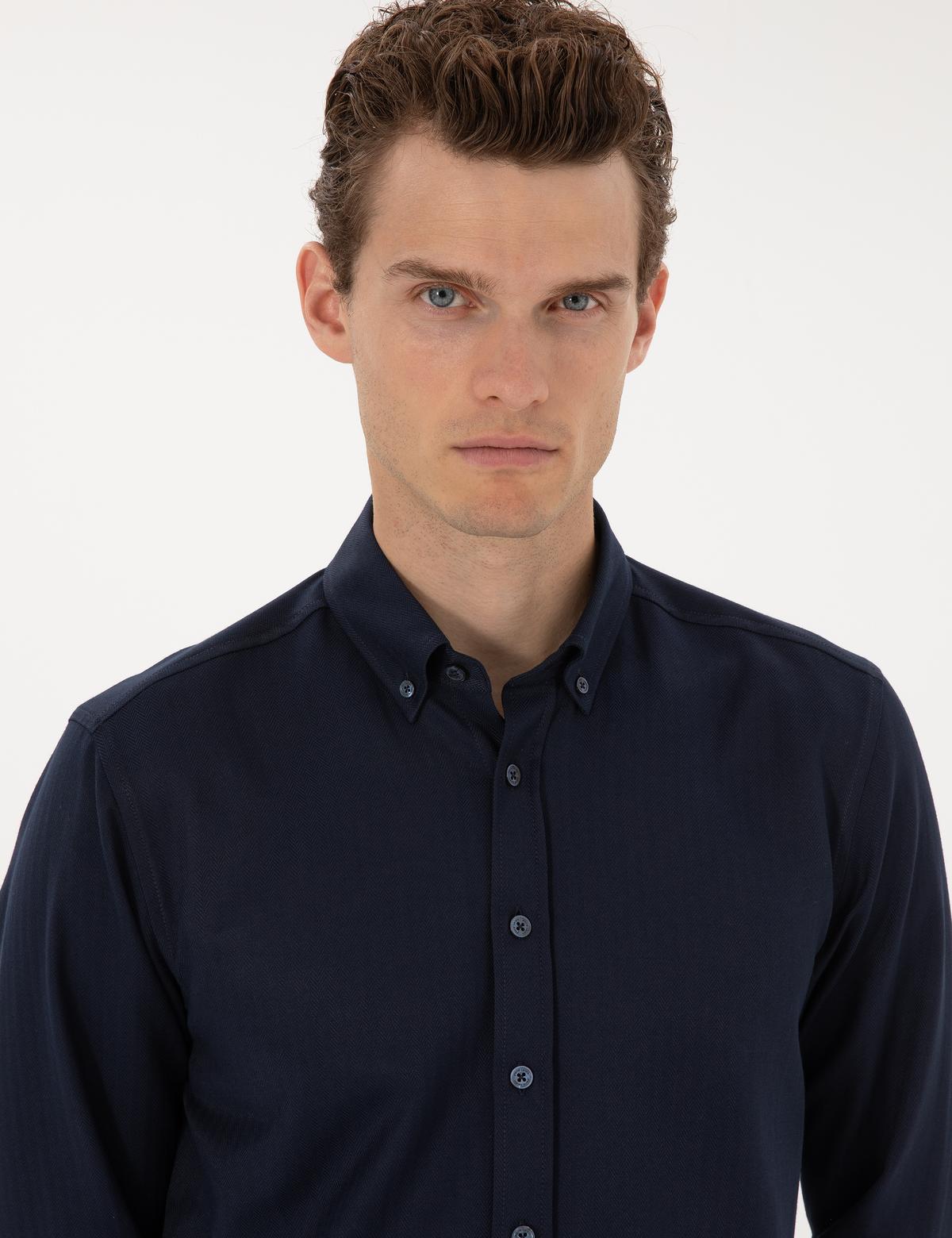 Lacivert Mikro Desenli Slim Fit Uzun Kollu Gömlek - 50316747019