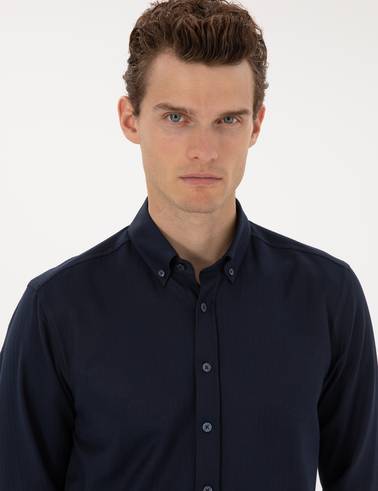 Lacivert Mikro Desenli Slim Fit Uzun Kollu Gömlek