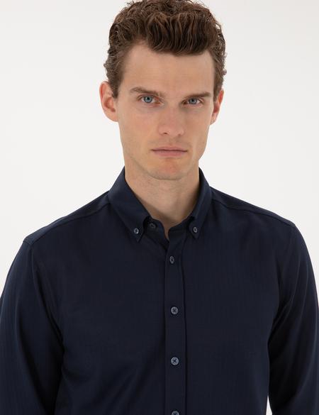 Lacivert Mikro Desenli Slim Fit Uzun Kollu Gömlek - 50316747019