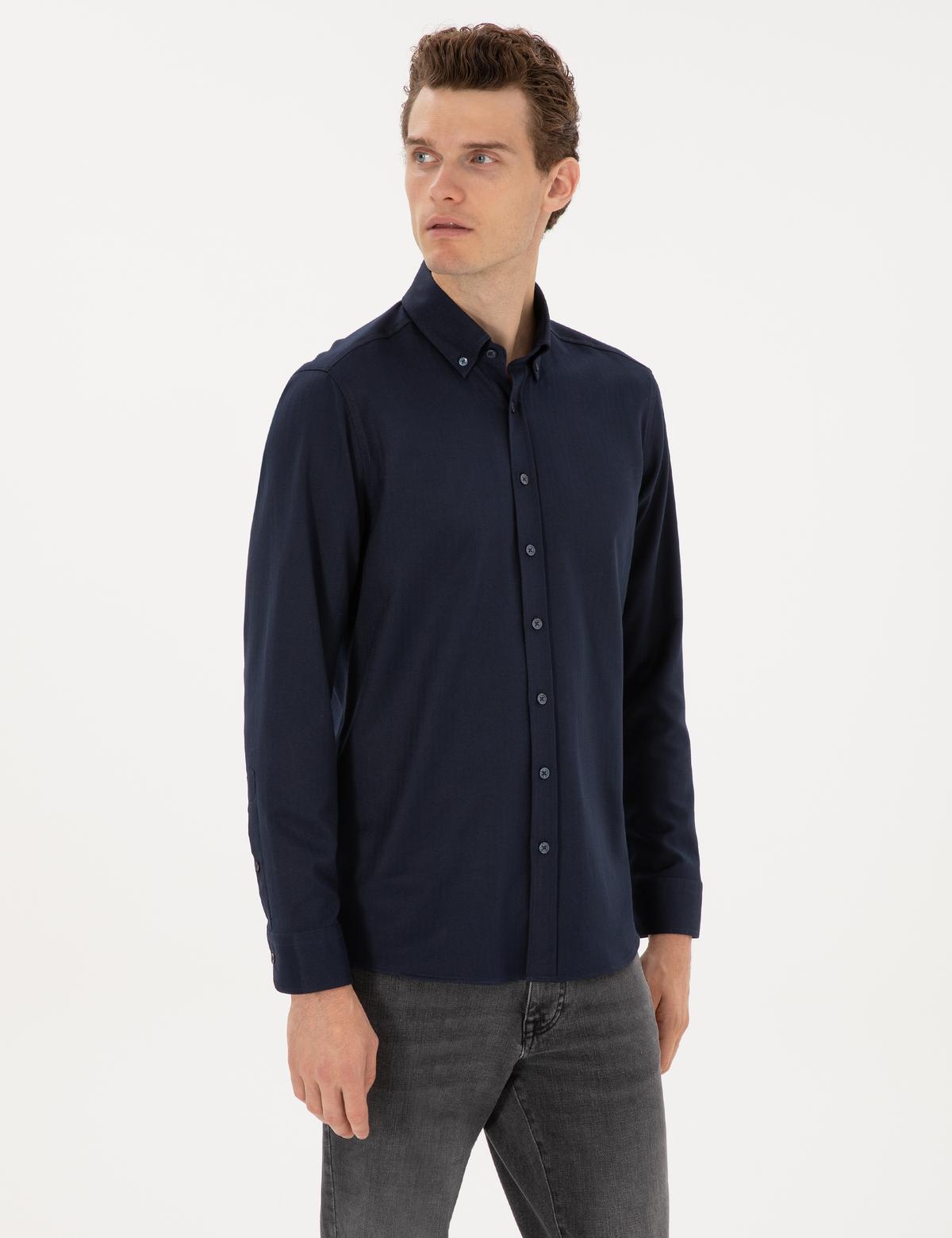 Lacivert Mikro Desenli Slim Fit Uzun Kollu Gömlek - 50316747019