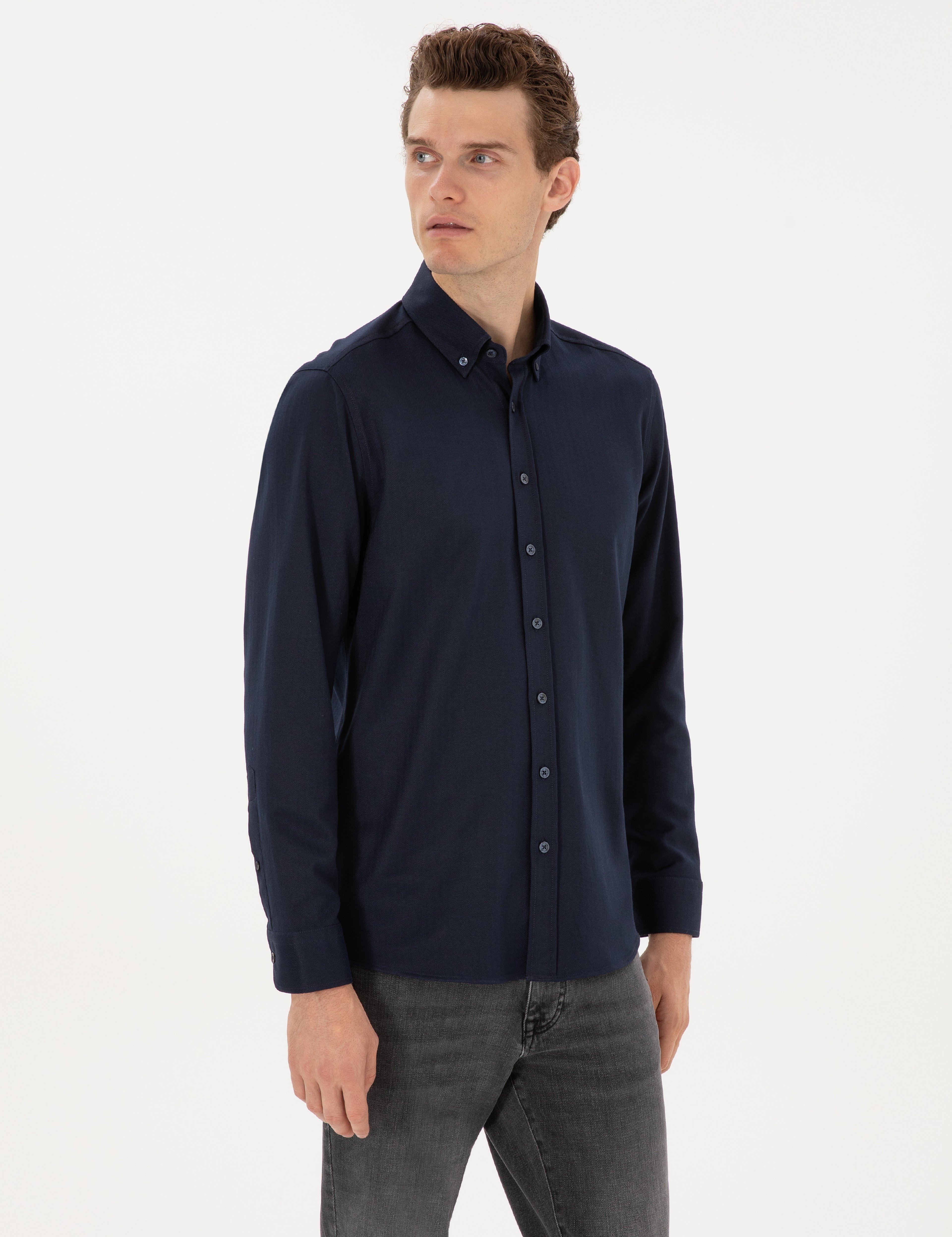 Lacivert Mikro Desenli Slim Fit Uzun Kollu Gömlek