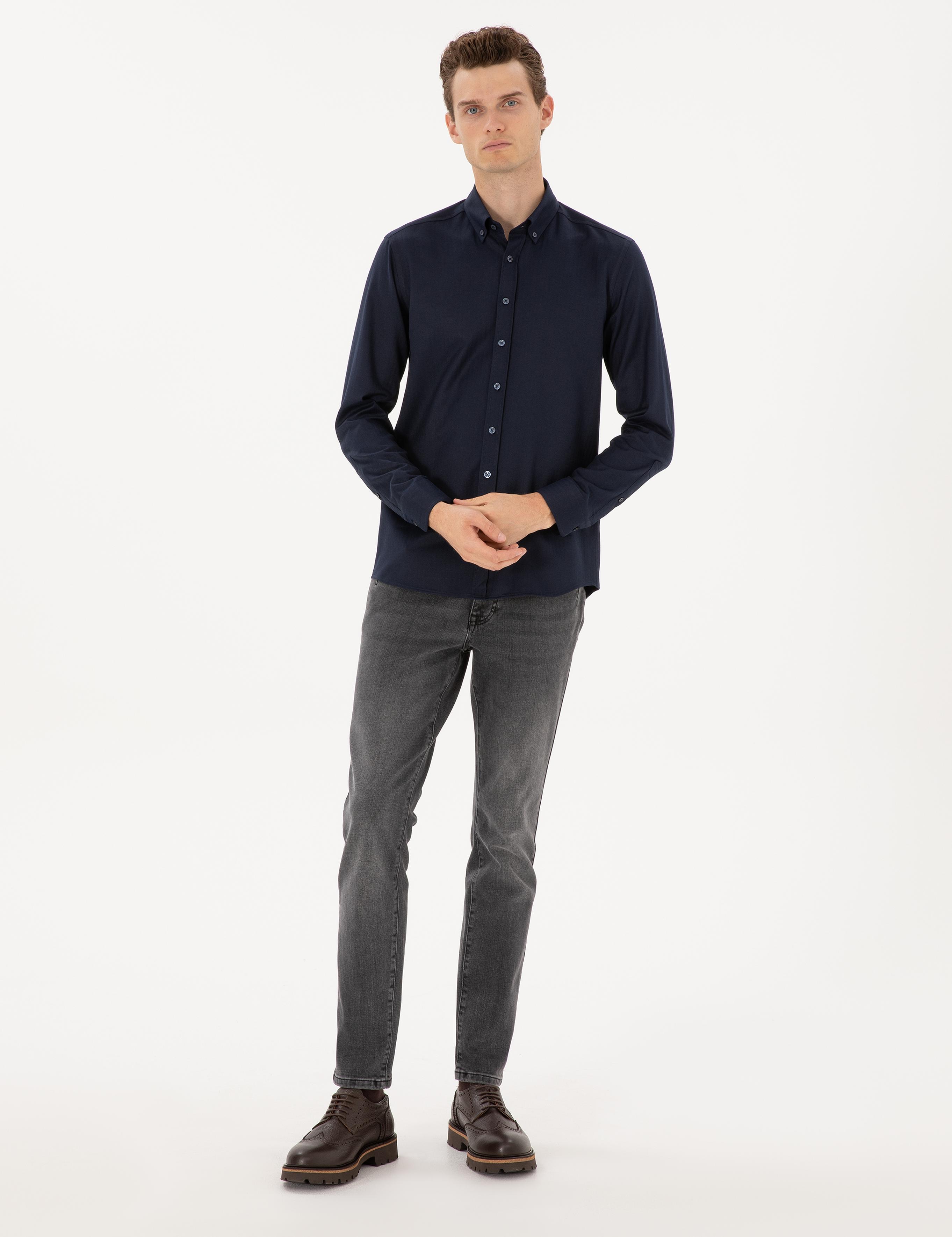 Lacivert Mikro Desenli Slim Fit Uzun Kollu Gömlek