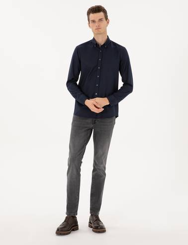Lacivert Mikro Desenli Slim Fit Uzun Kollu Gömlek