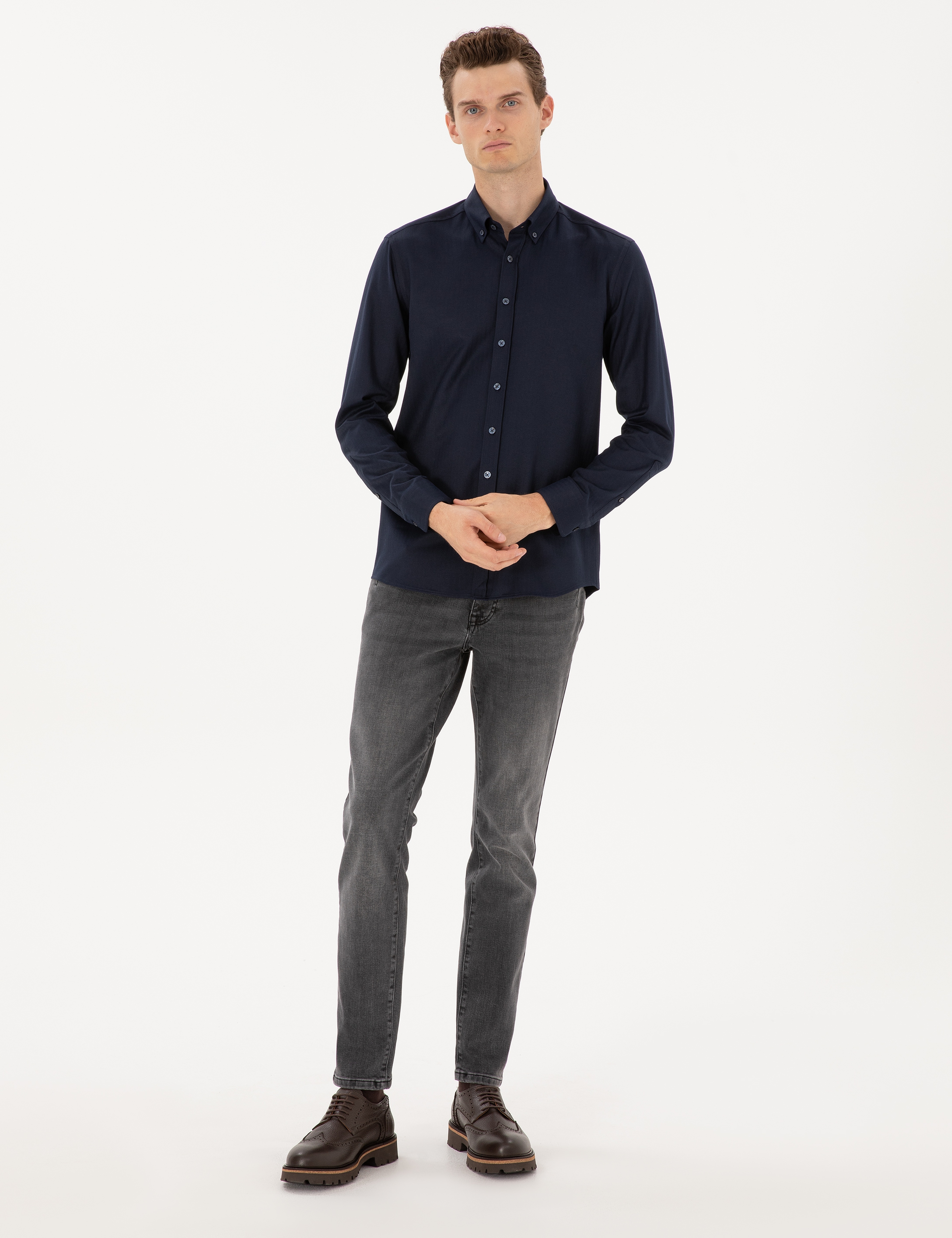 Lacivert Mikro Desenli Slim Fit Uzun Kollu Gömlek - Image 4