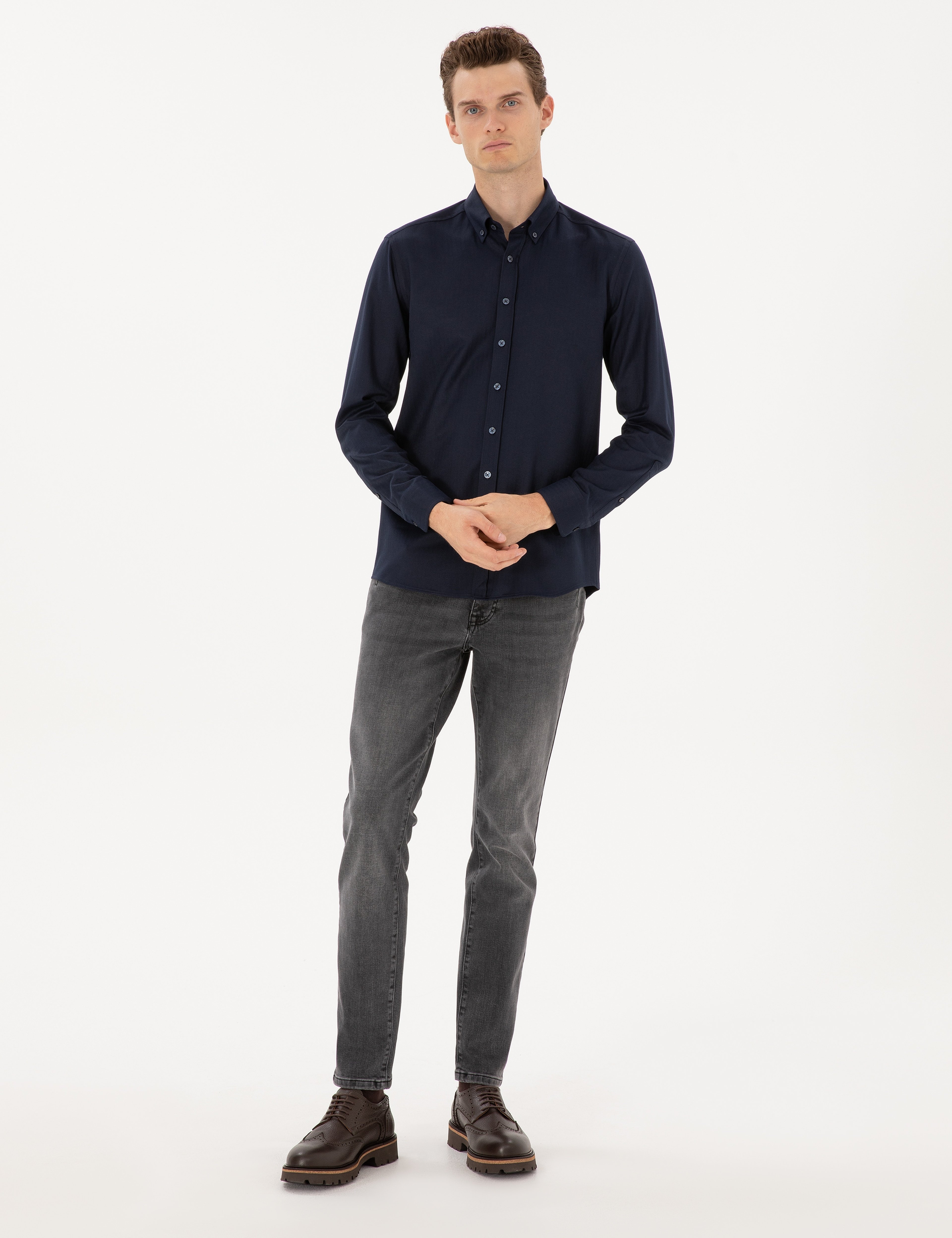Lacivert Mikro Desenli Slim Fit Uzun Kollu Gömlek