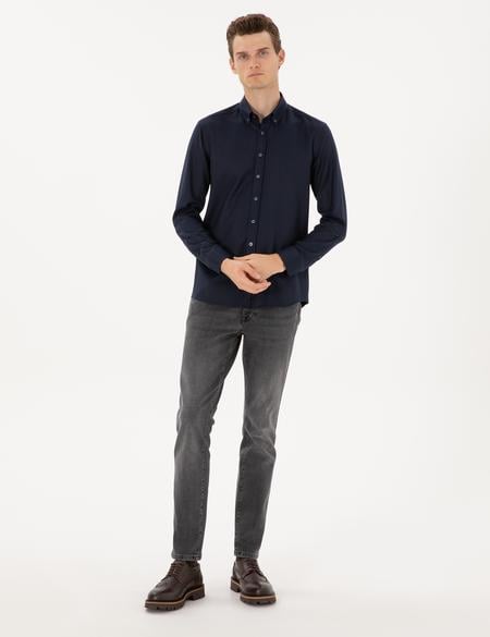 Lacivert Mikro Desenli Slim Fit Uzun Kollu Gömlek - 50316747019