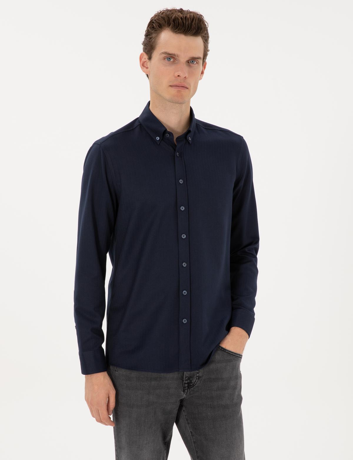 Lacivert Mikro Desenli Slim Fit Uzun Kollu Gömlek