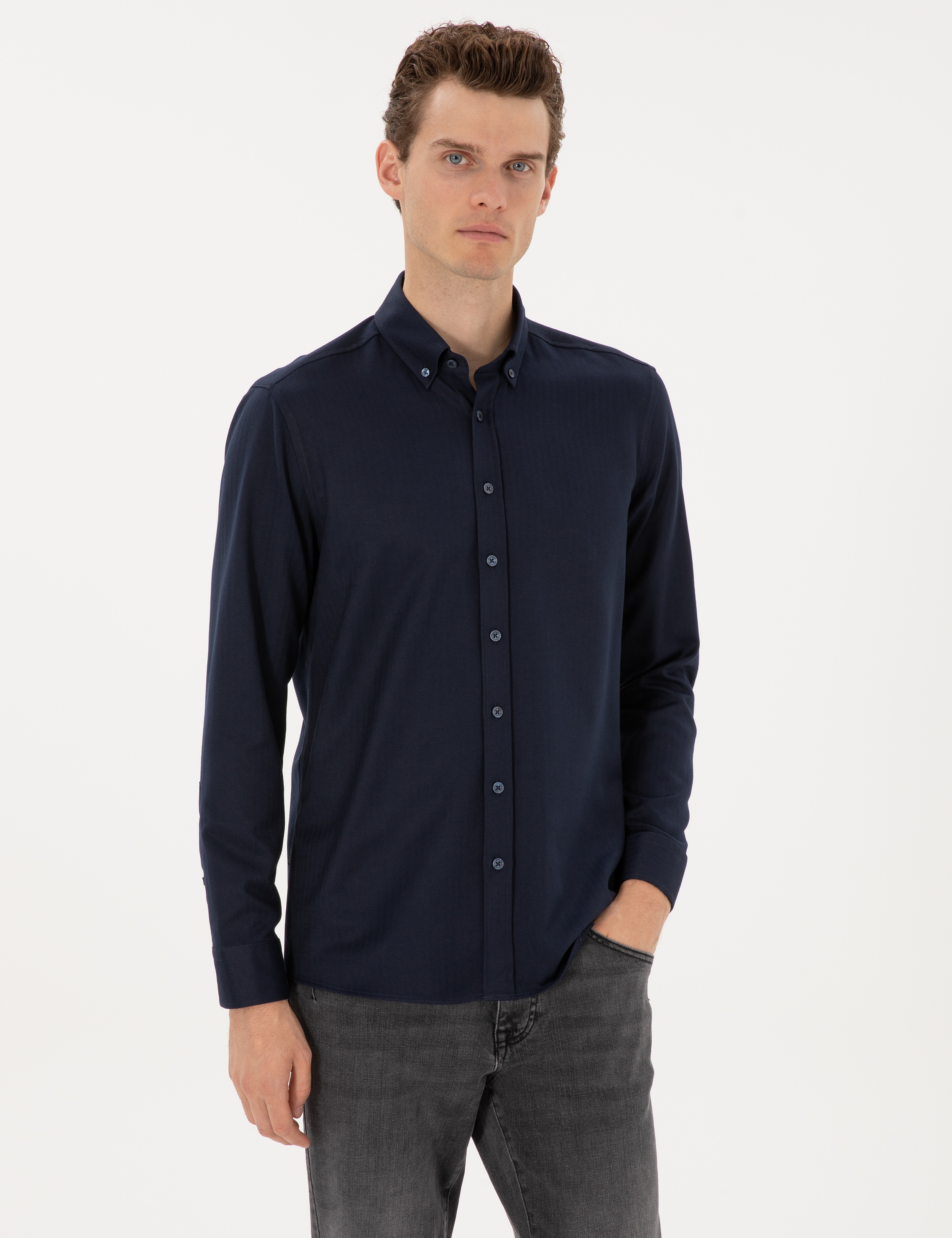 Lacivert Mikro Desenli Slim Fit Uzun Kollu Gömlek - Image 1