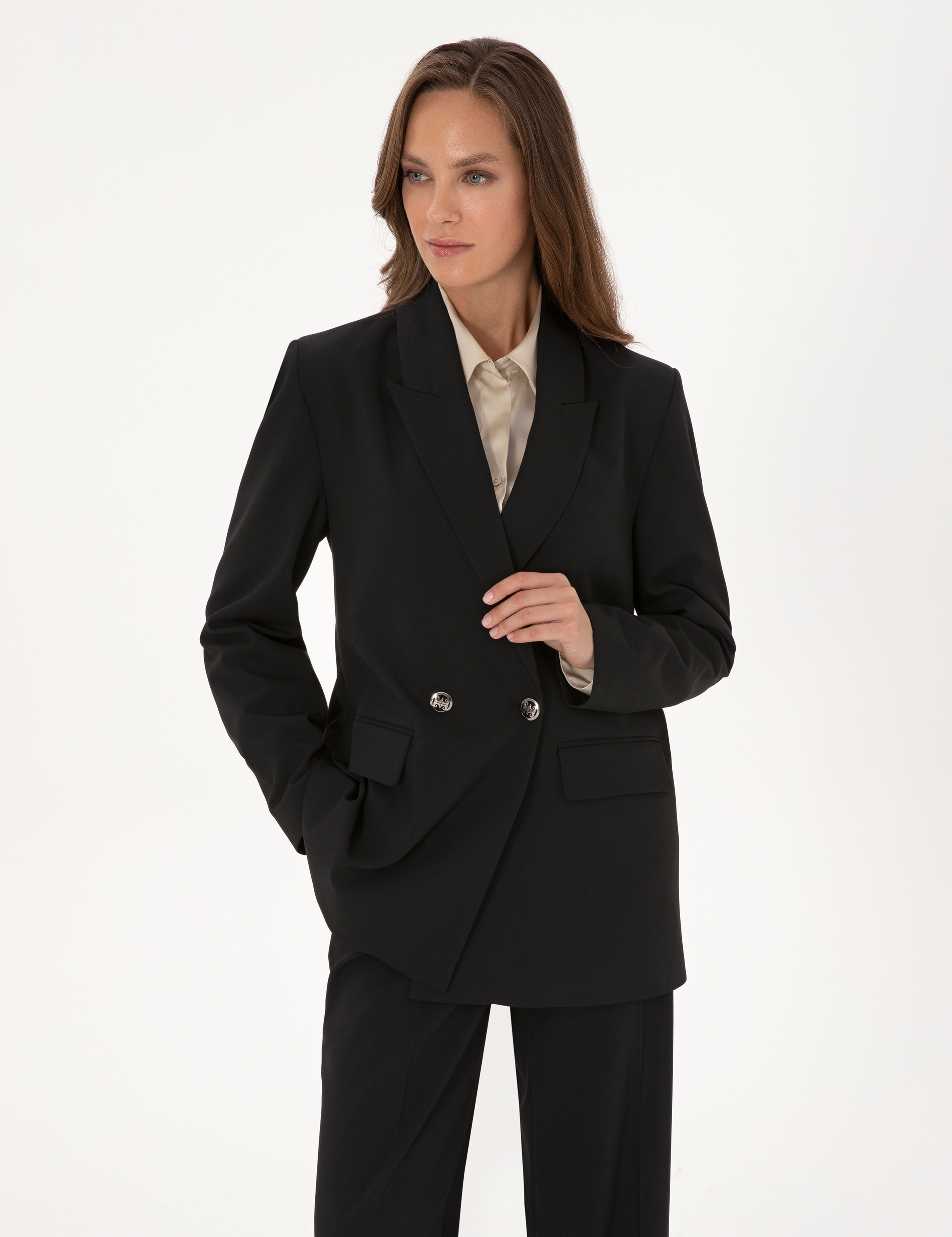 Siyah Comfort Fit Kruvaze Ceket - Image 3