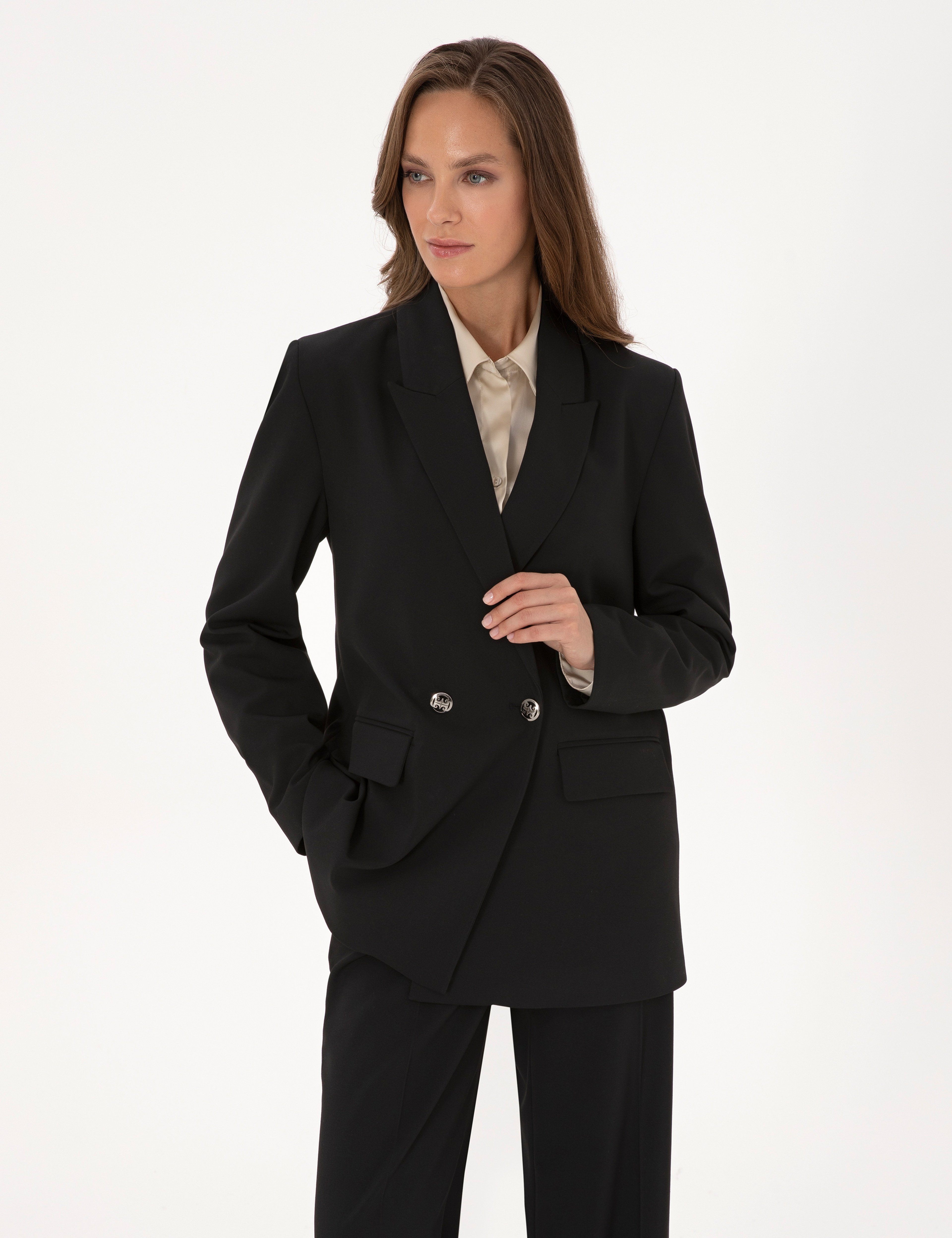 Siyah Comfort Fit Kruvaze Ceket
