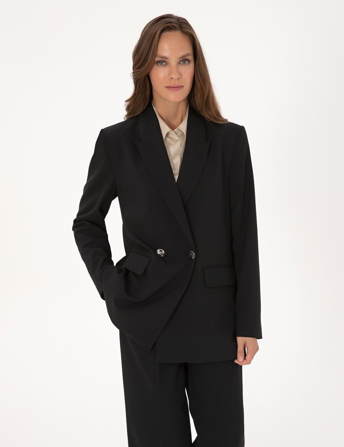 Siyah Comfort Fit Kruvaze Ceket