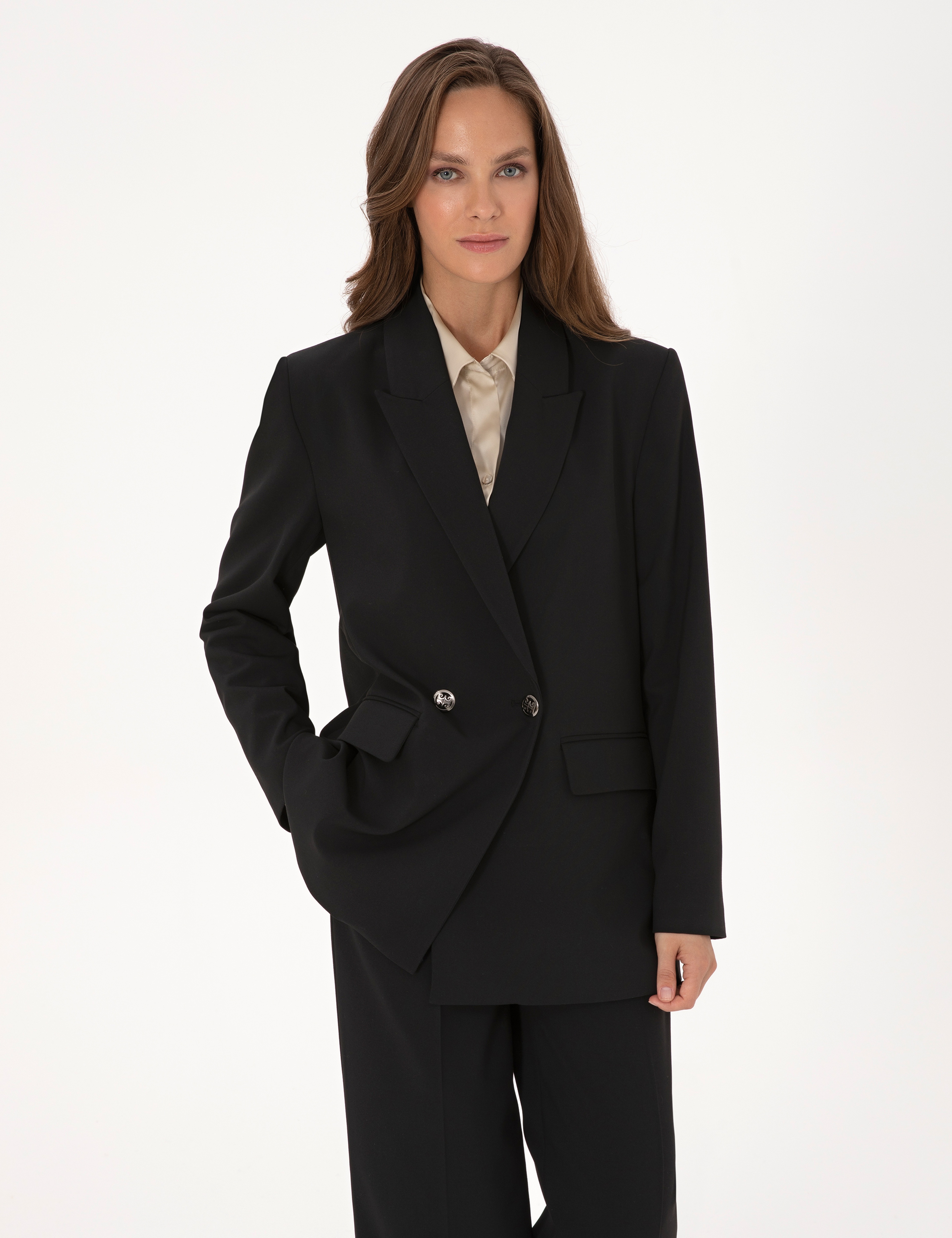 Siyah Comfort Fit Kruvaze Ceket